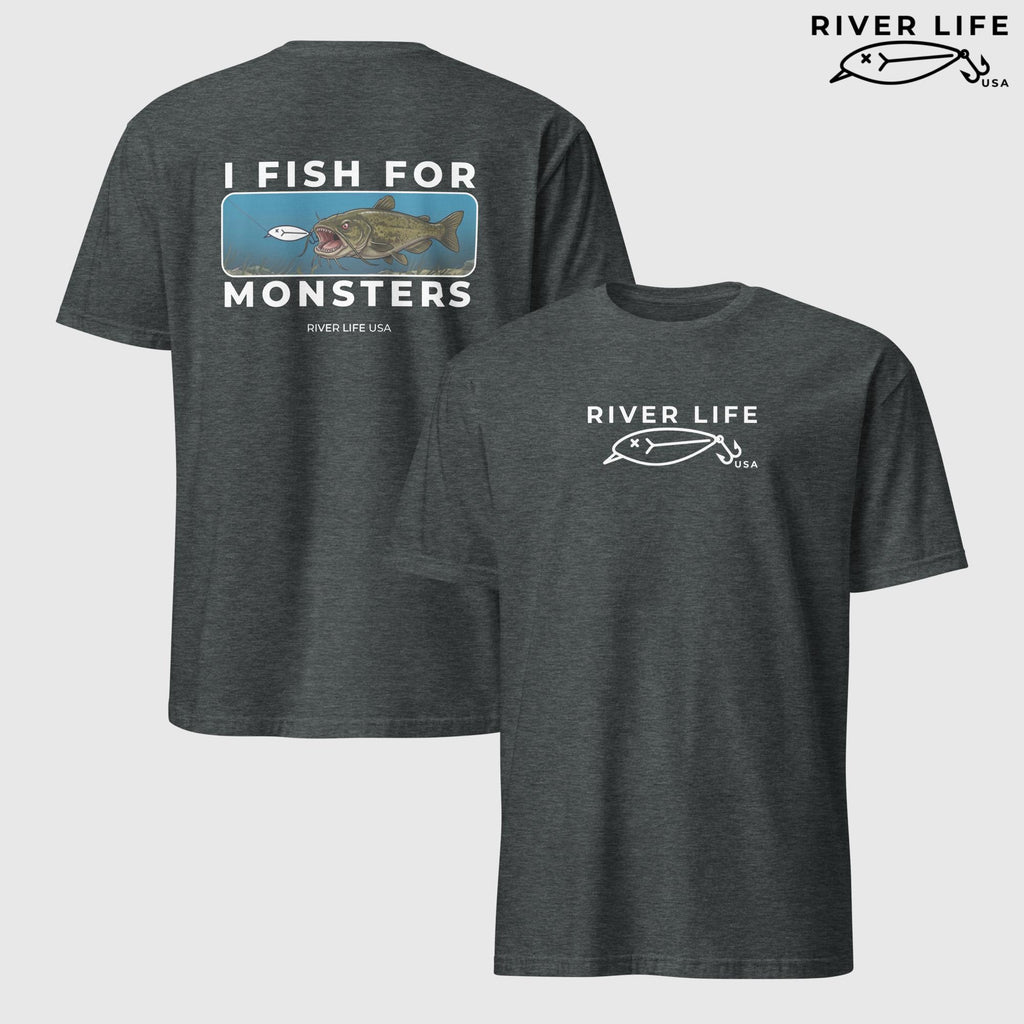 I Fish For Monsters - Catfish (white print) | Short-Sleeve Unisex T-Shirt-Dark Heather-River Life USA
