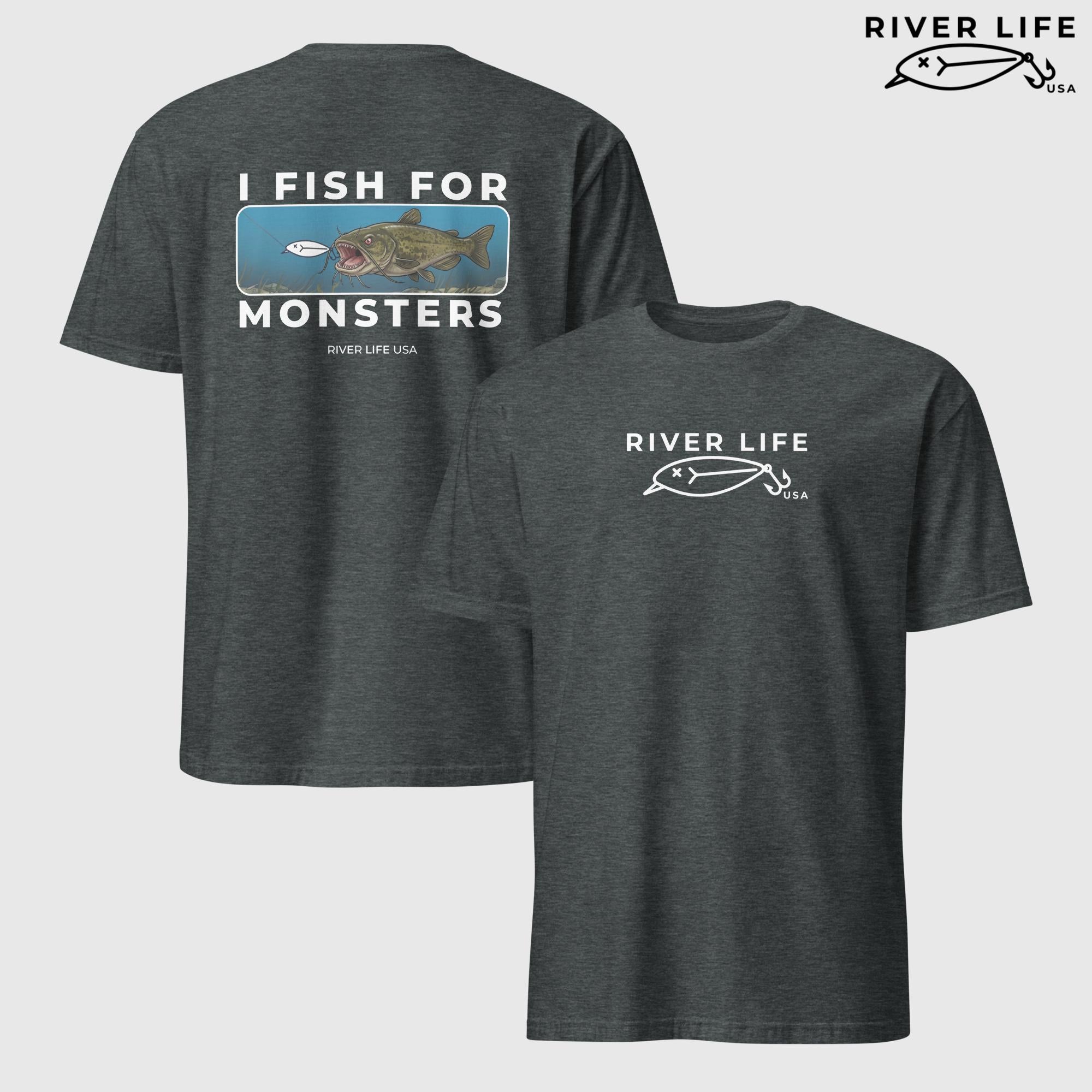 I Fish For Monsters - Catfish (white print) | Short-Sleeve Unisex T-Shirt-Dark Heather-River Life USA