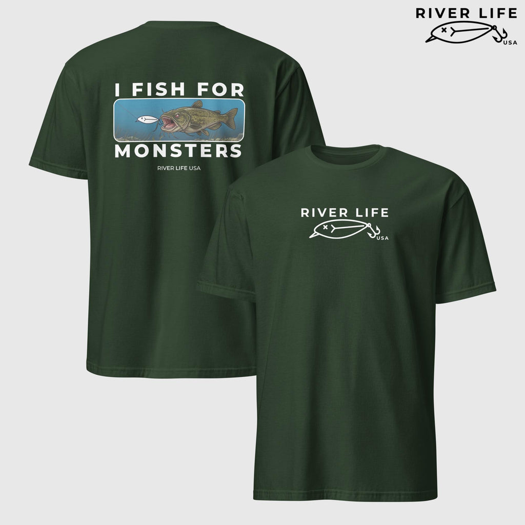 I Fish For Monsters - Catfish (white print) | Short-Sleeve Unisex T-Shirt-Forest Green-River Life USA