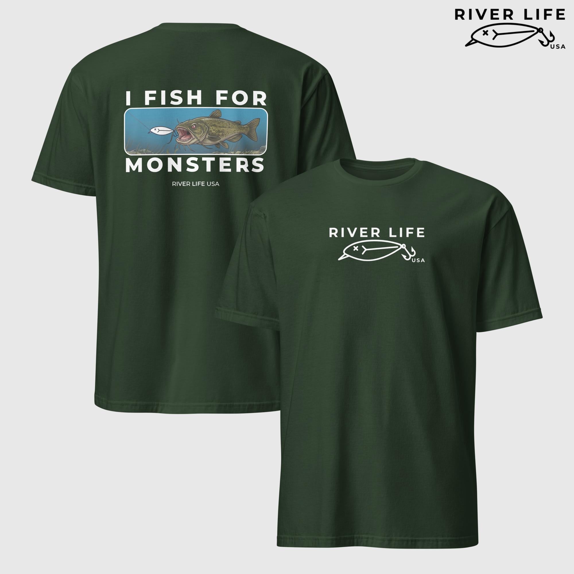 I Fish For Monsters - Catfish (white print) | Short-Sleeve Unisex T-Shirt-Forest Green-River Life USA