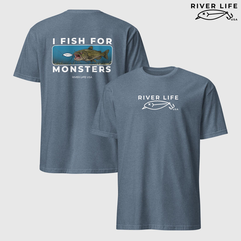 I Fish For Monsters - Catfish (white print) | Short-Sleeve Unisex T-Shirt-Heather Indigo-River Life USA