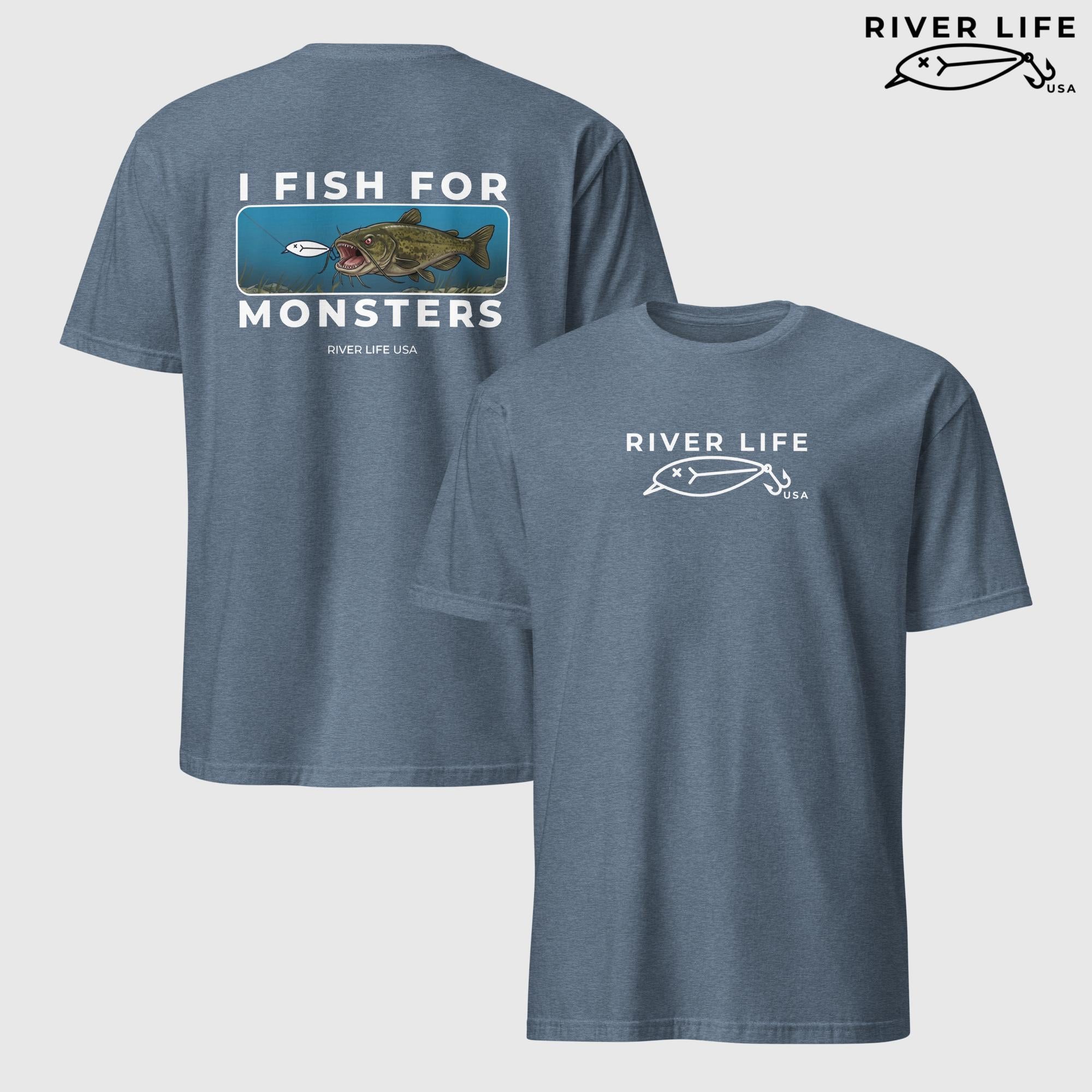 I Fish For Monsters - Catfish (white print) | Short-Sleeve Unisex T-Shirt-Heather Indigo-River Life USA