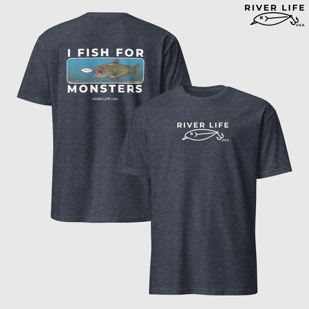 I Fish For Monsters - Catfish (white print) | Short-Sleeve Unisex T-Shirt-Heather Navy-River Life USA
