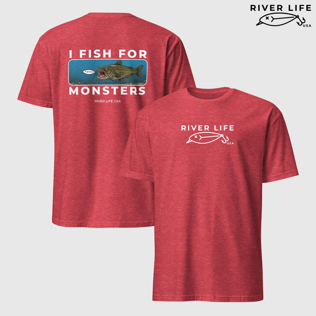I Fish For Monsters - Catfish (white print) | Short-Sleeve Unisex T-Shirt-Heather Red-River Life USA