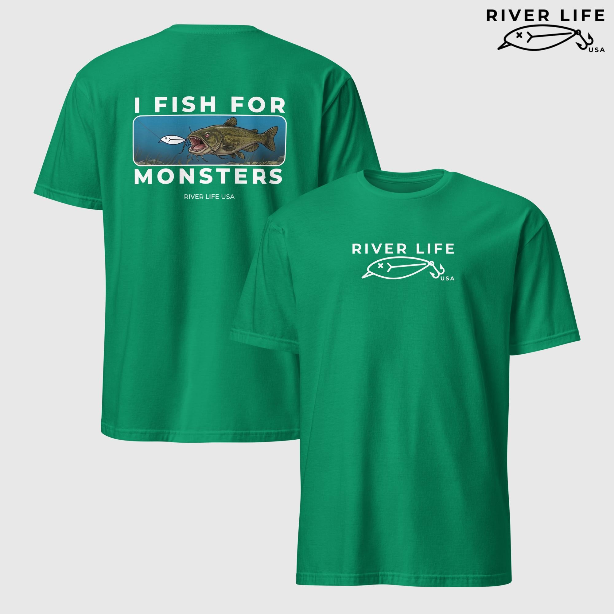 I Fish For Monsters - Catfish (white print) | Short-Sleeve Unisex T-Shirt-Kelly Green-River Life USA