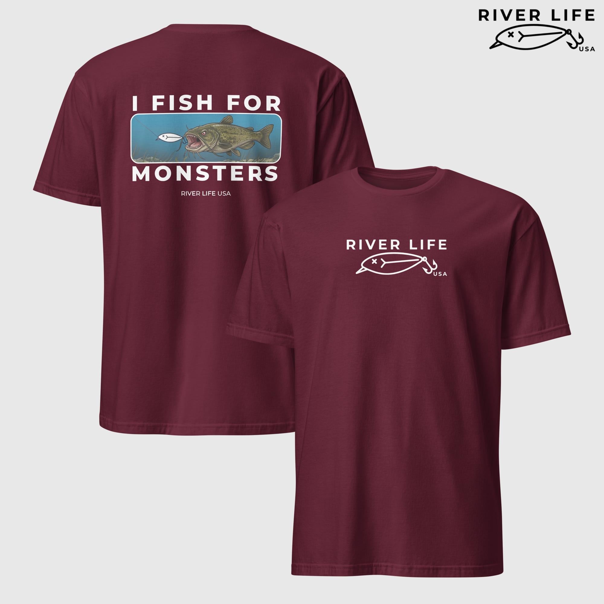 I Fish For Monsters - Catfish (white print) | Short-Sleeve Unisex T-Shirt-Maroon-River Life USA