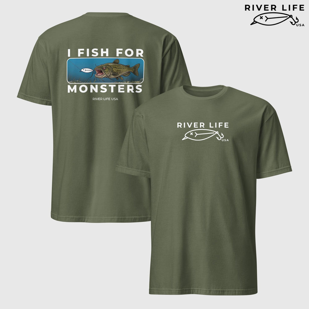 I Fish For Monsters - Catfish (white print) | Short-Sleeve Unisex T-Shirt-Military Green-River Life USA
