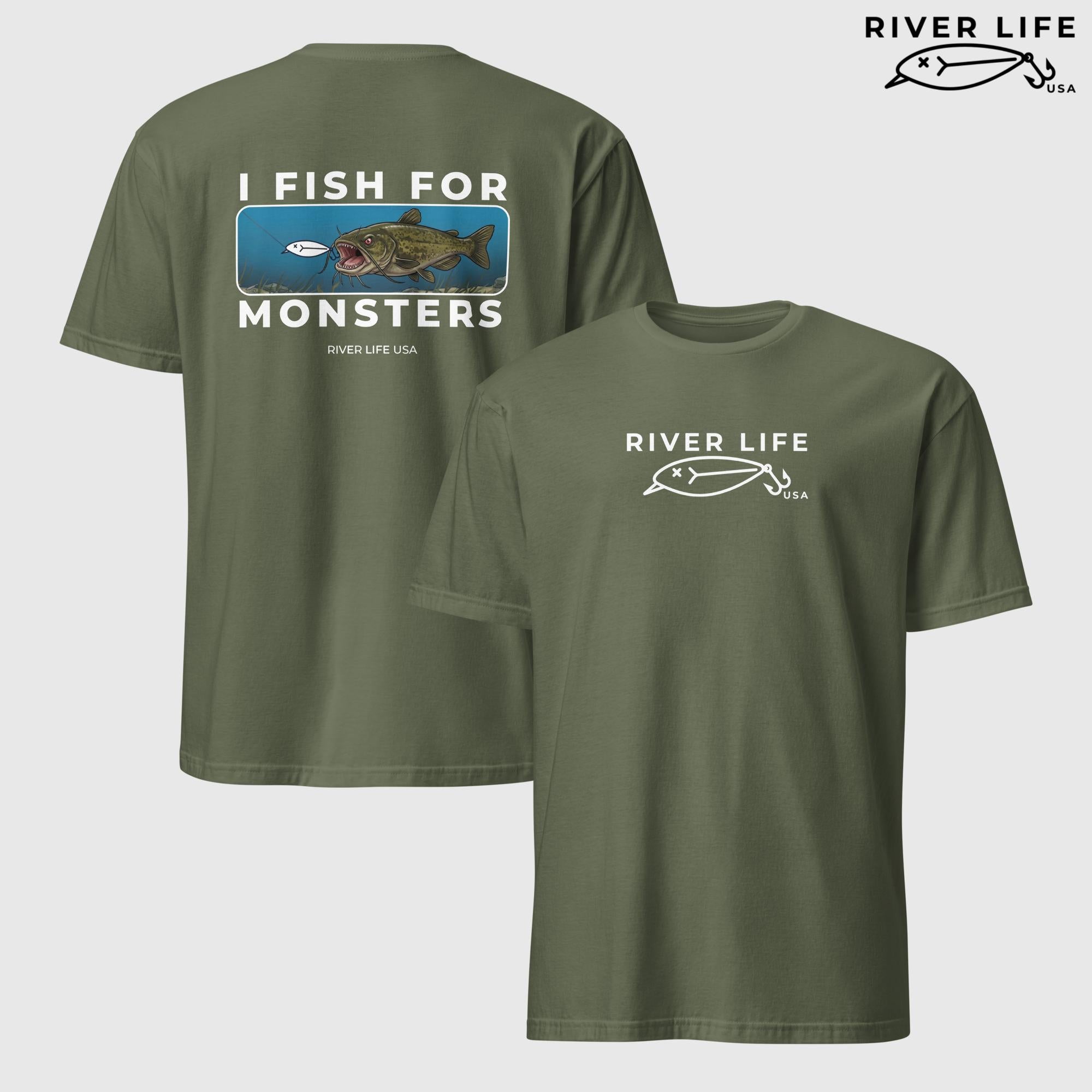I Fish For Monsters - Catfish (white print) | Short-Sleeve Unisex T-Shirt-Military Green-River Life USA