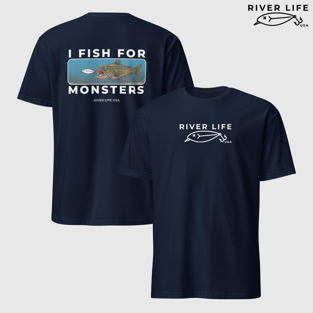 I Fish For Monsters - Catfish (white print) | Short-Sleeve Unisex T-Shirt-Navy-River Life USA