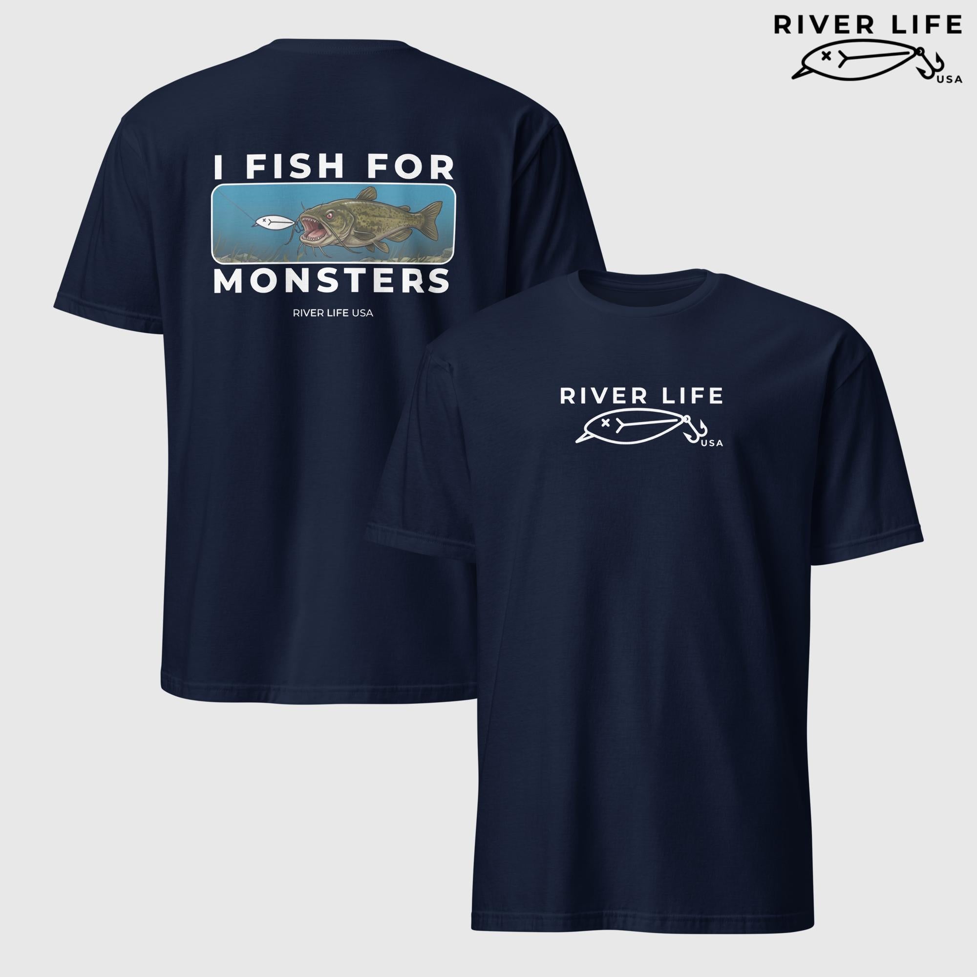 I Fish For Monsters - Catfish (white print) | Short-Sleeve Unisex T-Shirt-Navy-River Life USA