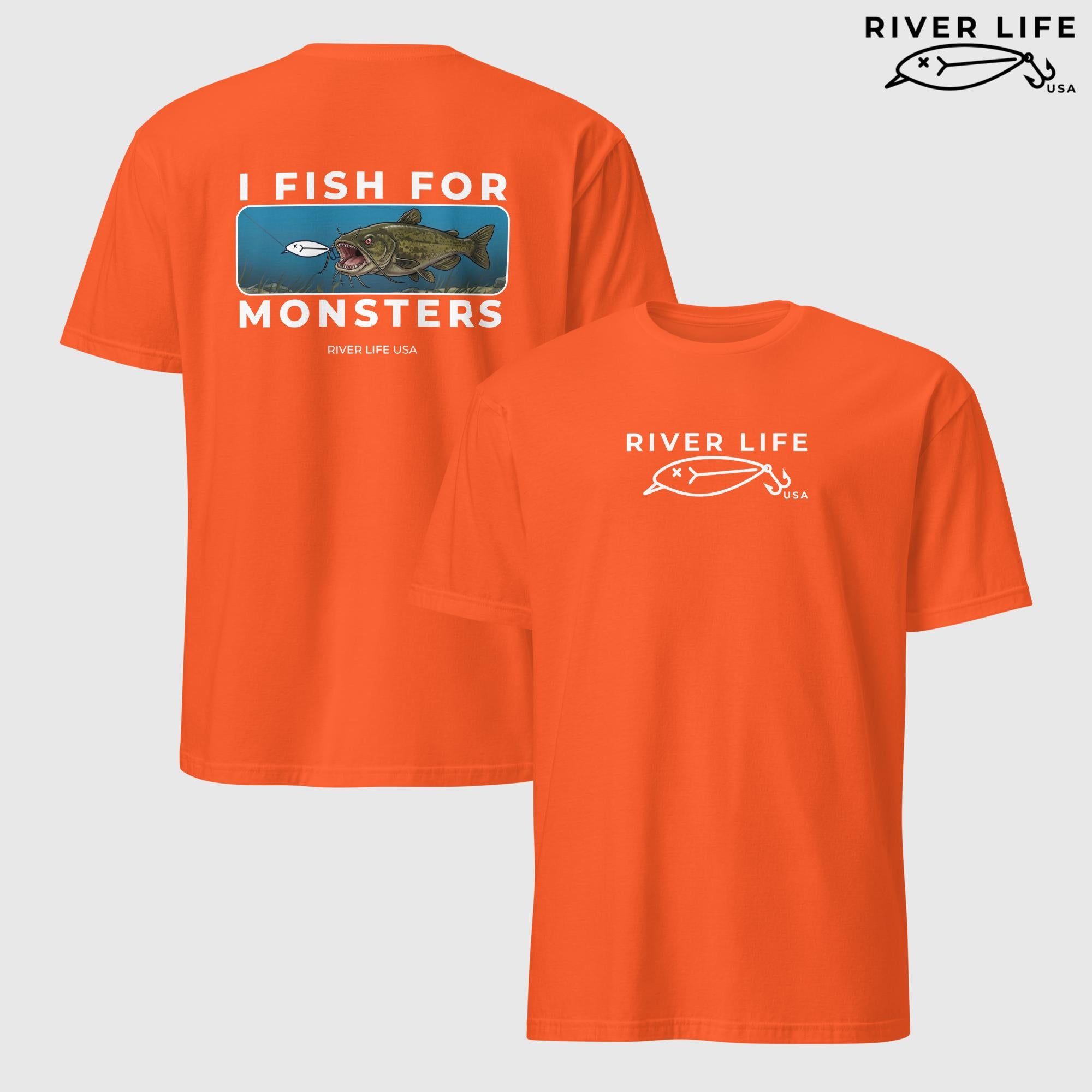 I Fish For Monsters - Catfish (white print) | Short-Sleeve Unisex T-Shirt-Orange-River Life USA