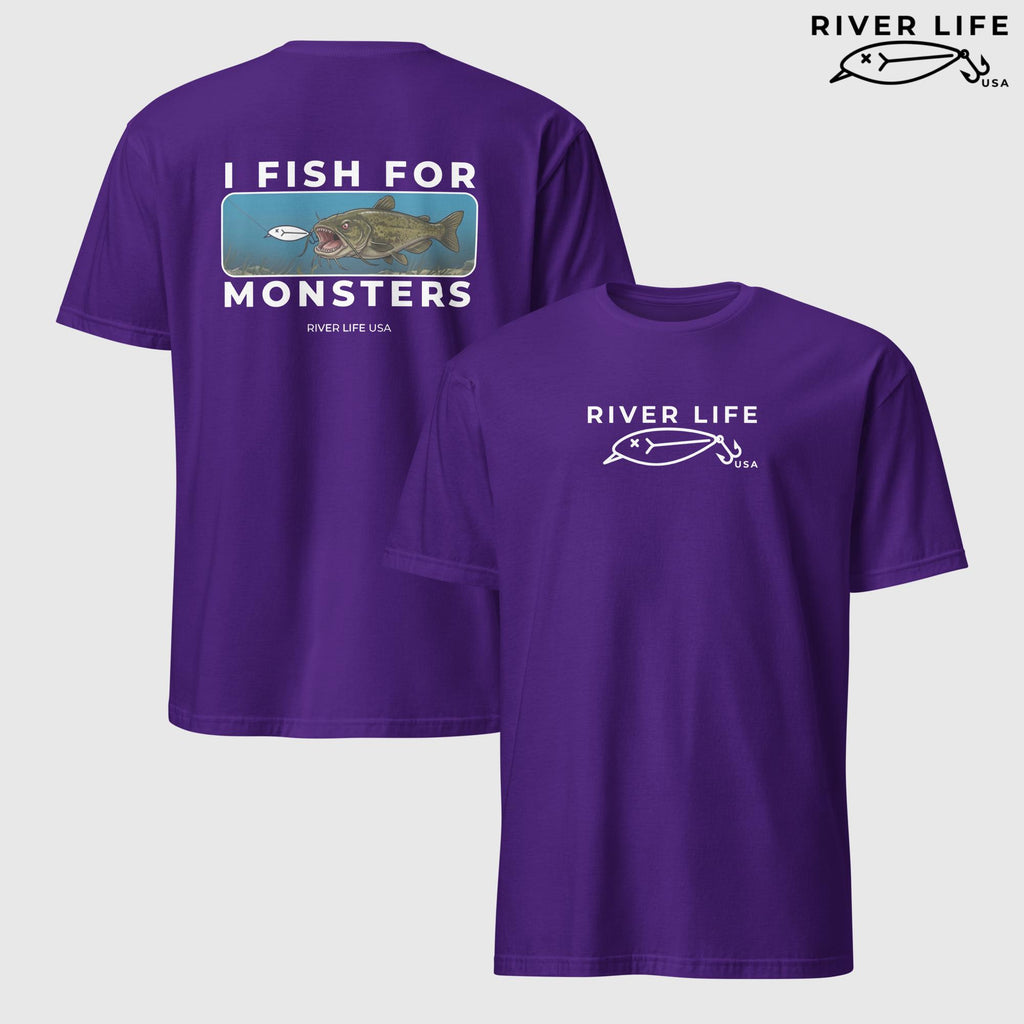 I Fish For Monsters - Catfish (white print) | Short-Sleeve Unisex T-Shirt-Purple-River Life USA