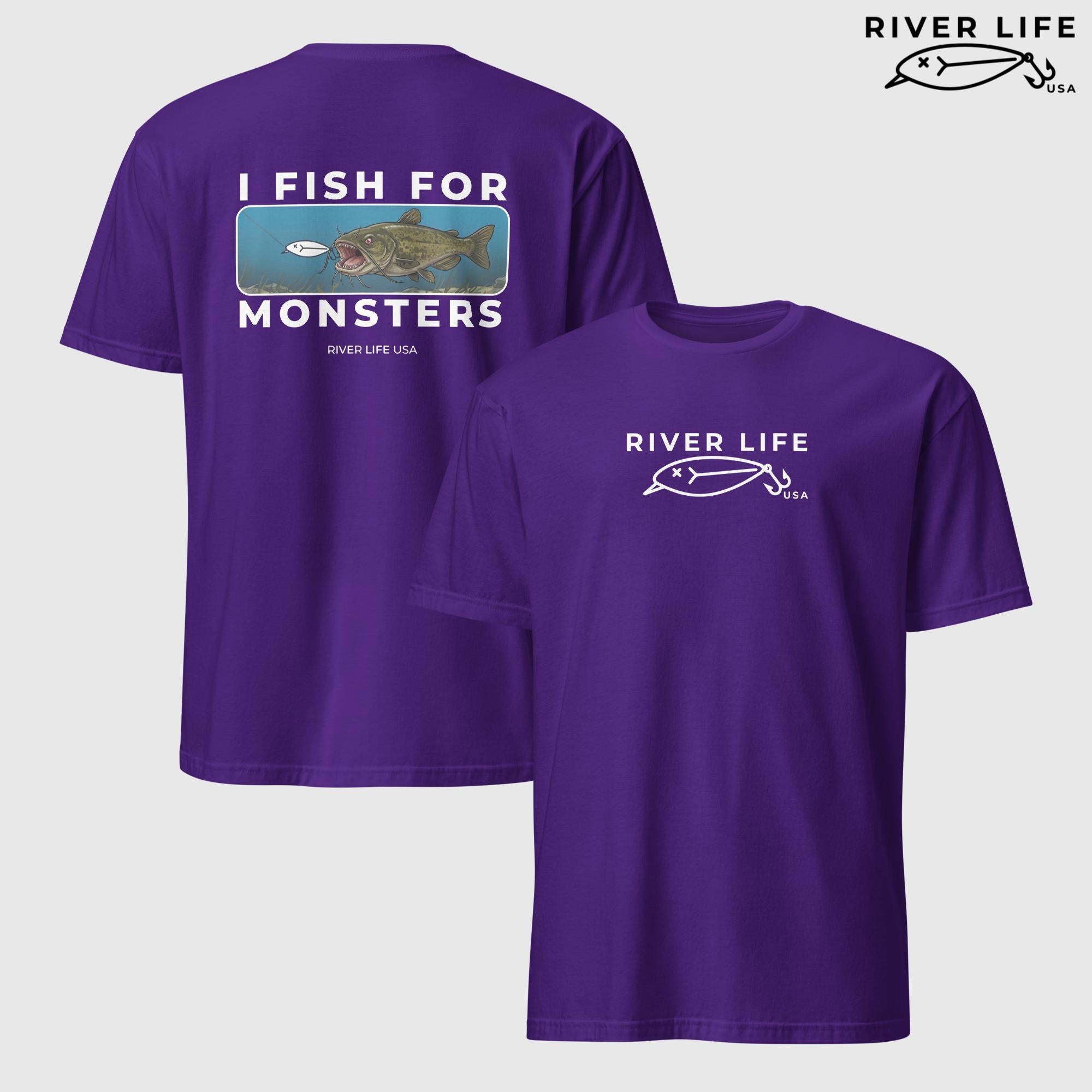 I Fish For Monsters - Catfish (white print) | Short-Sleeve Unisex T-Shirt-Purple-River Life USA