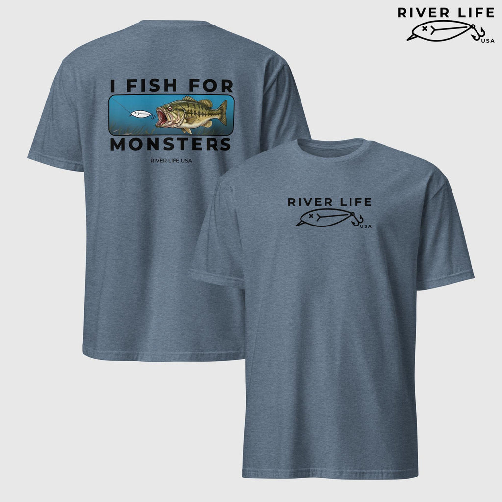 I Fish For Monsters - Largemouth Bass (black print) | Short-Sleeve Unisex T-Shirt-Heather Indigo-River Life USA