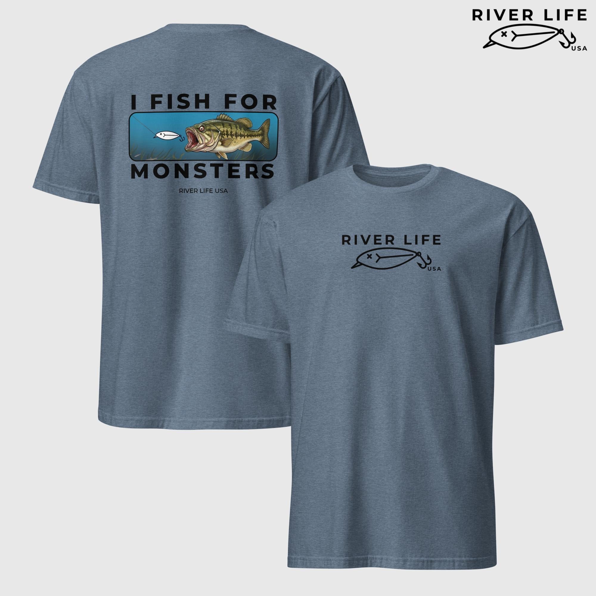 I Fish For Monsters - Largemouth Bass (black print) | Short-Sleeve Unisex T-Shirt-Heather Indigo-River Life USA