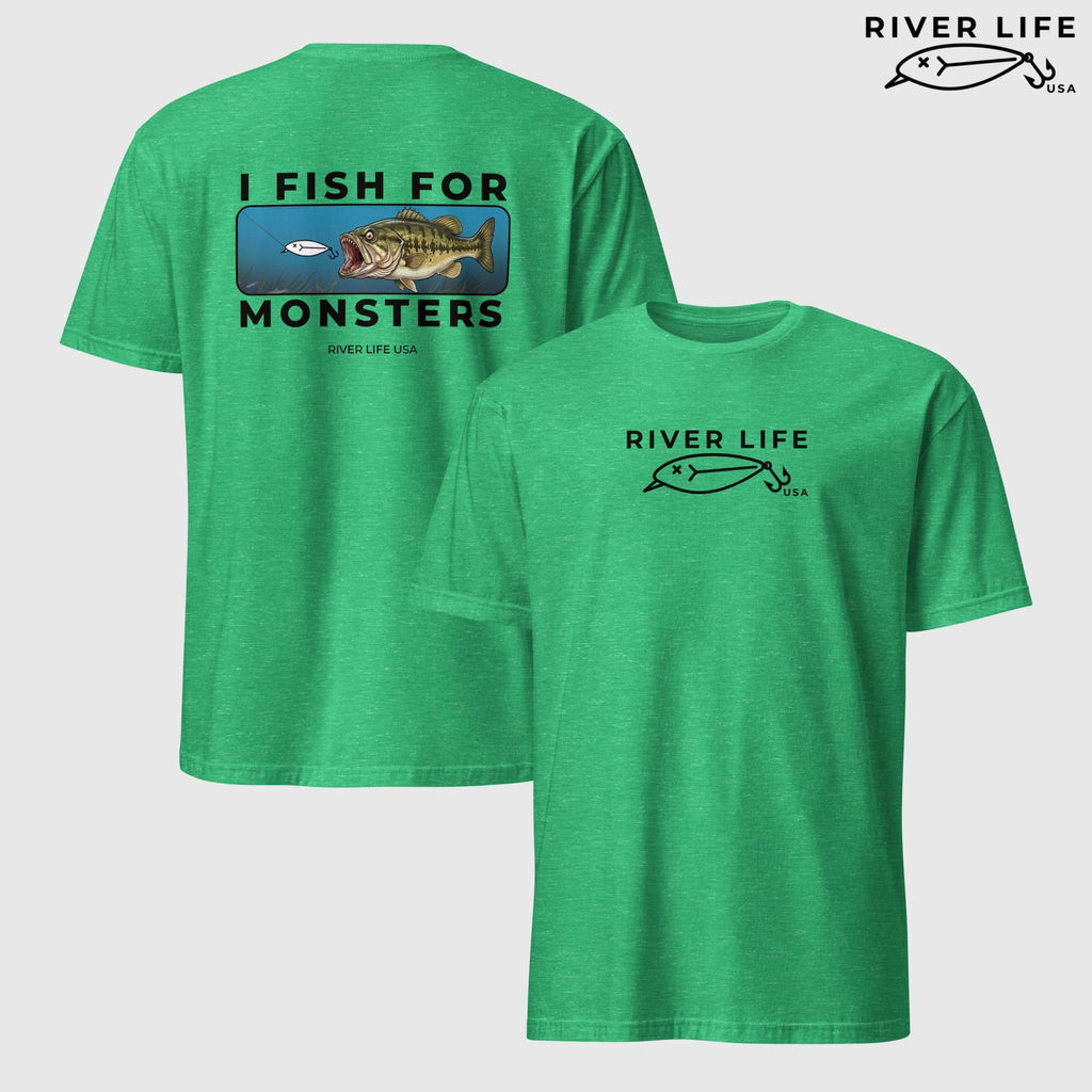 I Fish For Monsters - Largemouth Bass (black print) | Short-Sleeve Unisex T-Shirt-Heather Irish Green-River Life USA