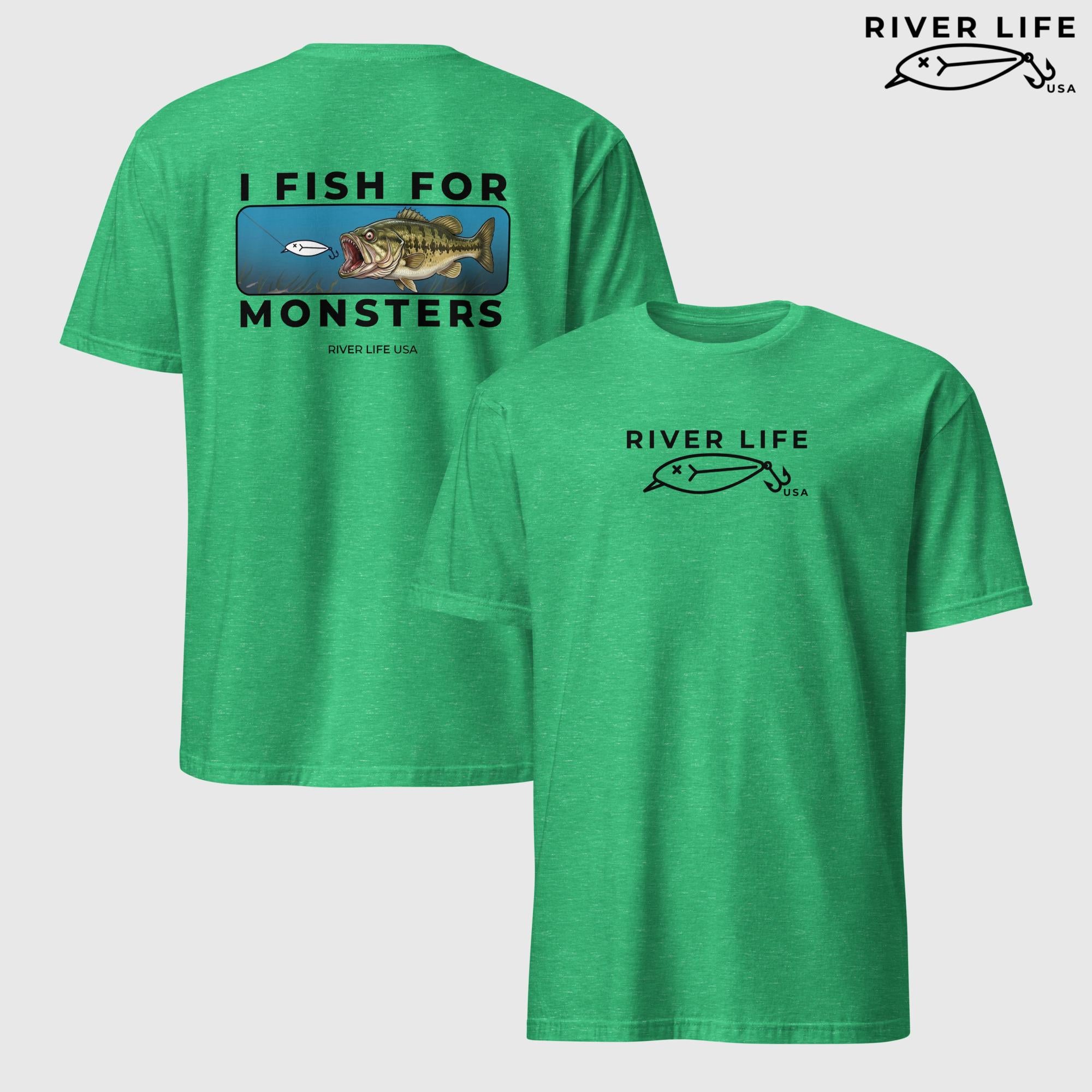 I Fish For Monsters - Largemouth Bass (black print) | Short-Sleeve Unisex T-Shirt-Heather Irish Green-River Life USA