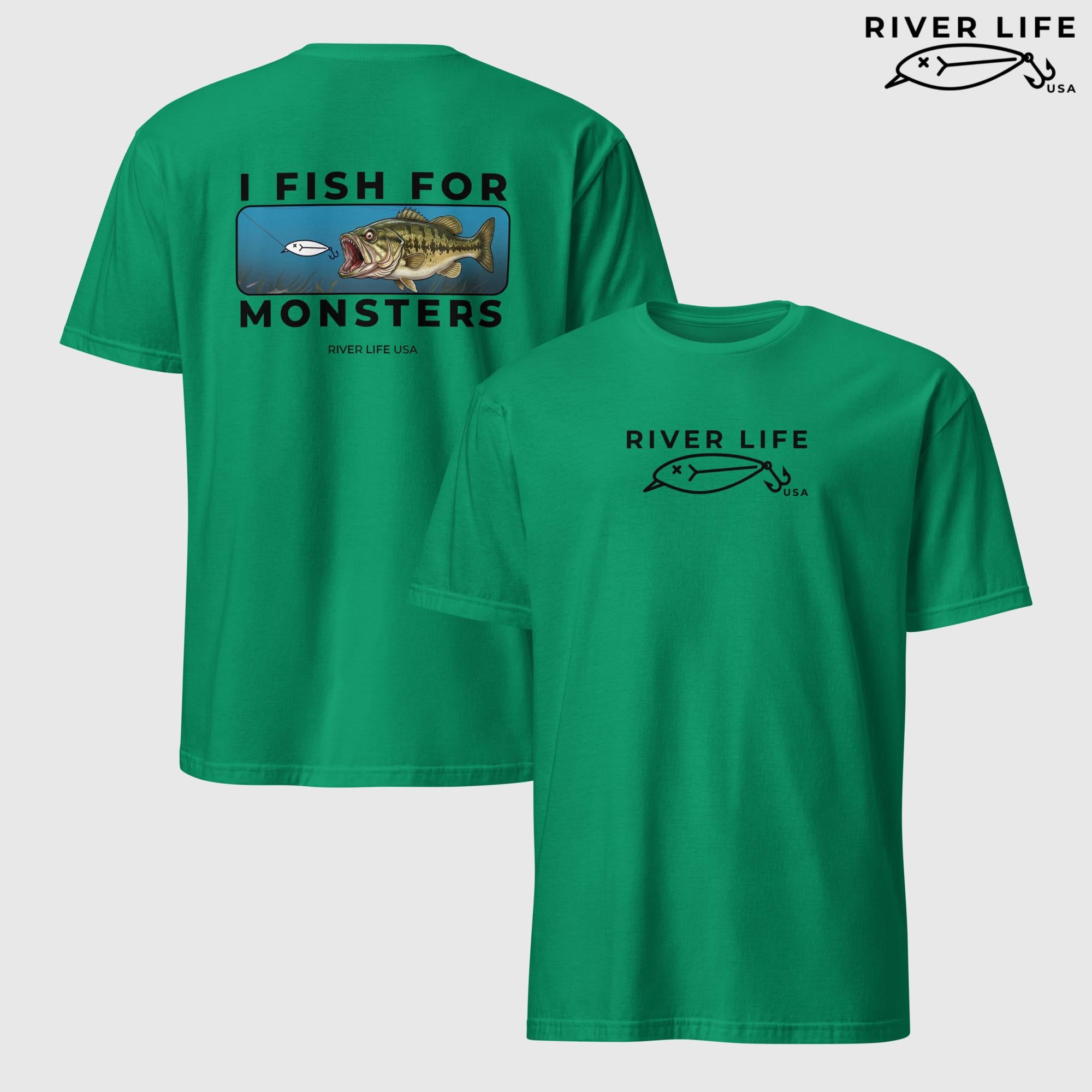 I Fish For Monsters - Largemouth Bass (black print) | Short-Sleeve Unisex T-Shirt-Kelly Green-River Life USA