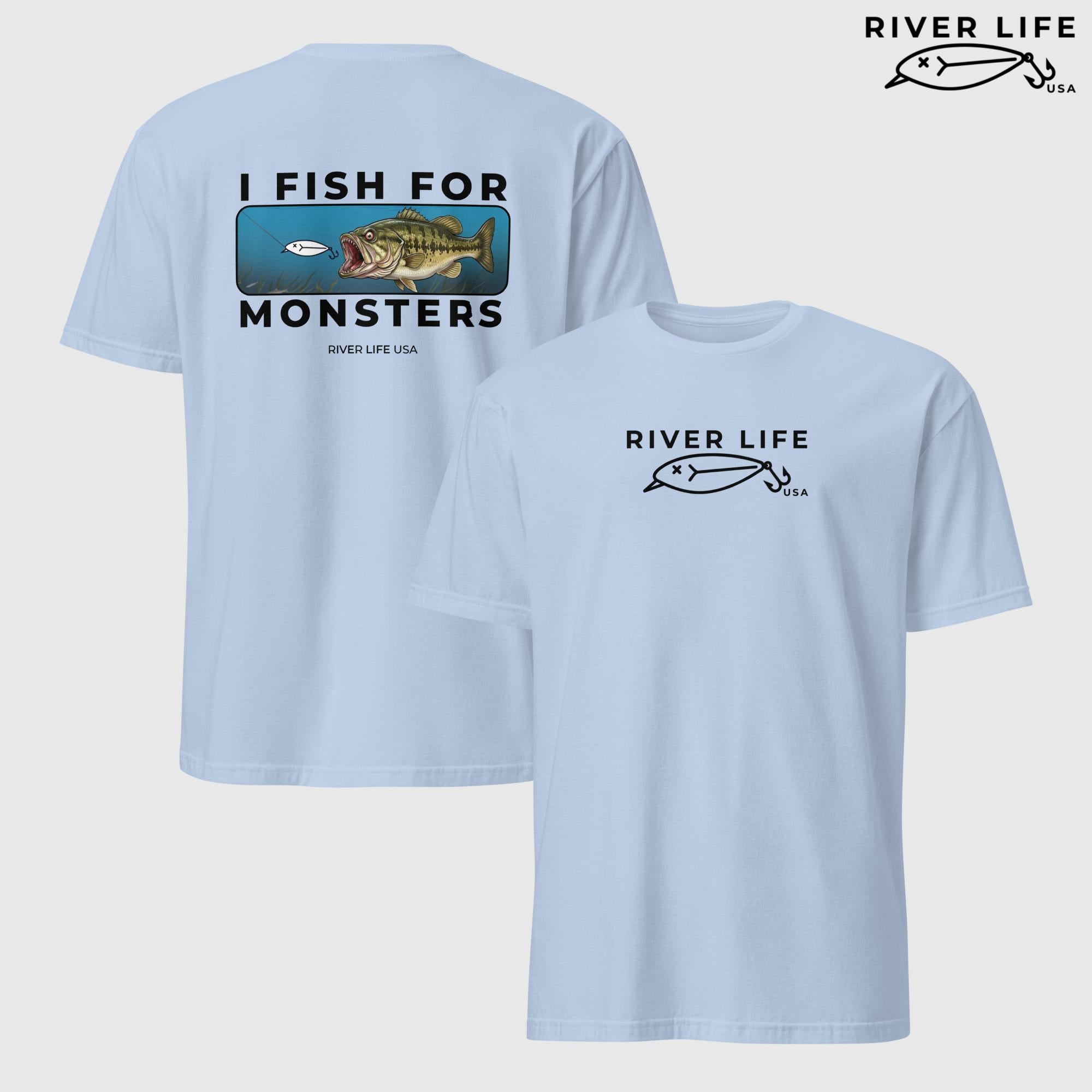 I Fish For Monsters - Largemouth Bass (black print) | Short-Sleeve Unisex T-Shirt-Light Blue-River Life USA