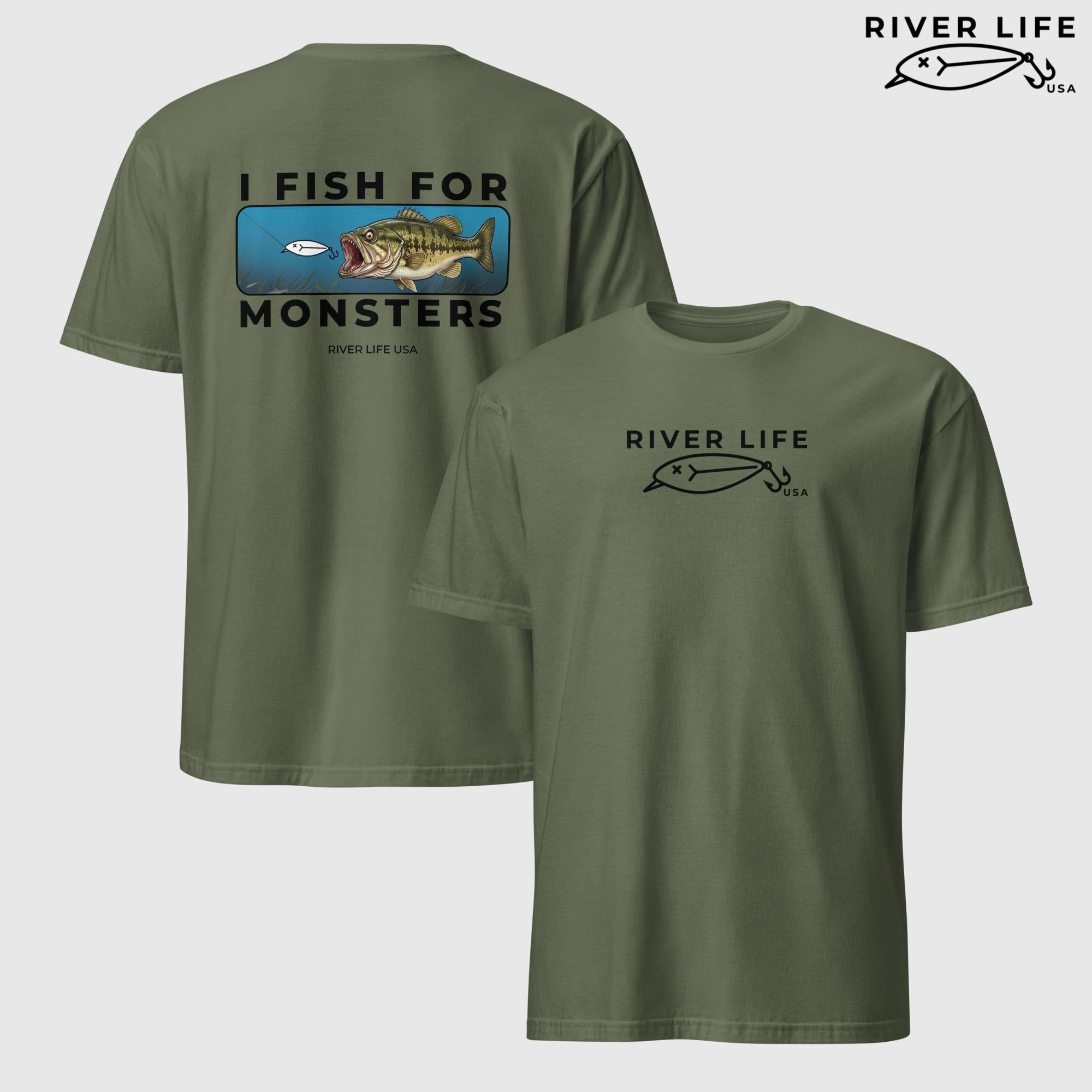 I Fish For Monsters - Largemouth Bass (black print) | Short-Sleeve Unisex T-Shirt-Military Green-River Life USA