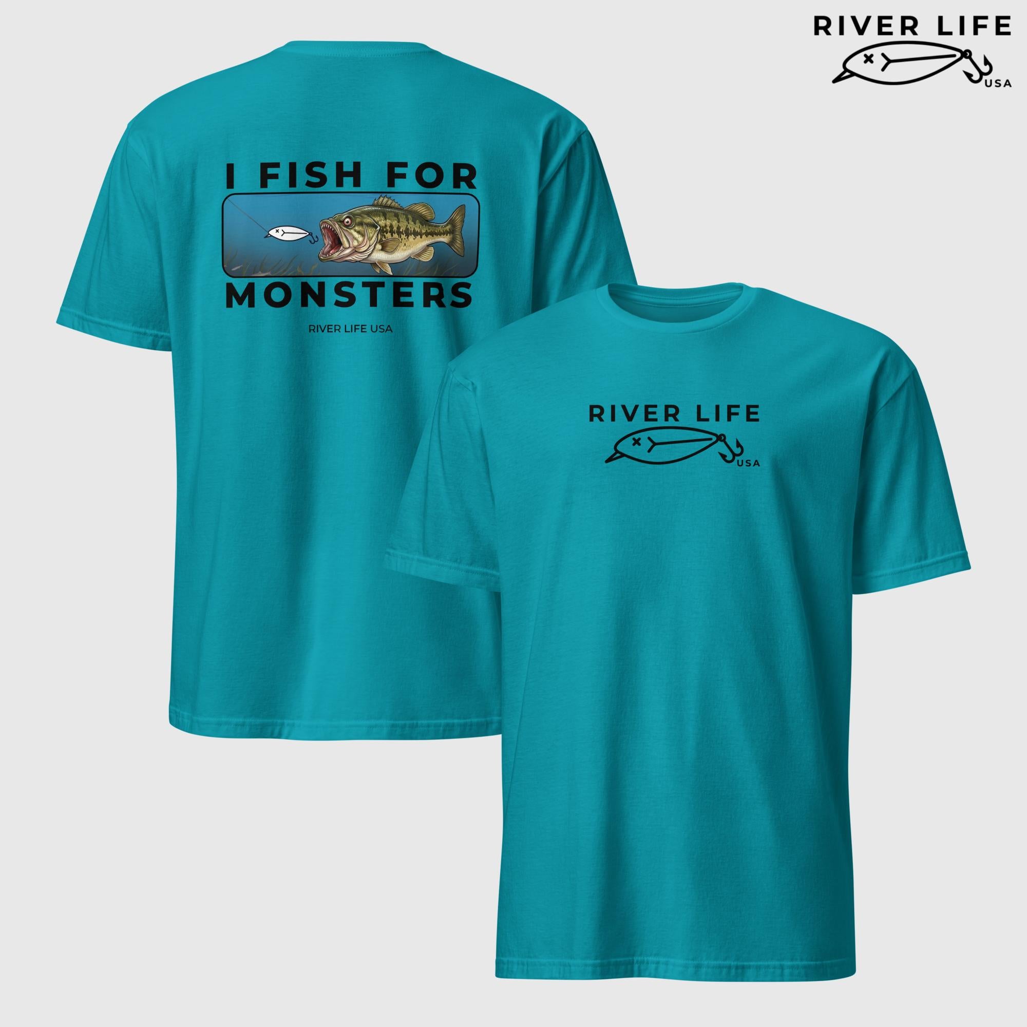 I Fish For Monsters - Largemouth Bass (black print) | Short-Sleeve Unisex T-Shirt-Tropical Blue-River Life USA