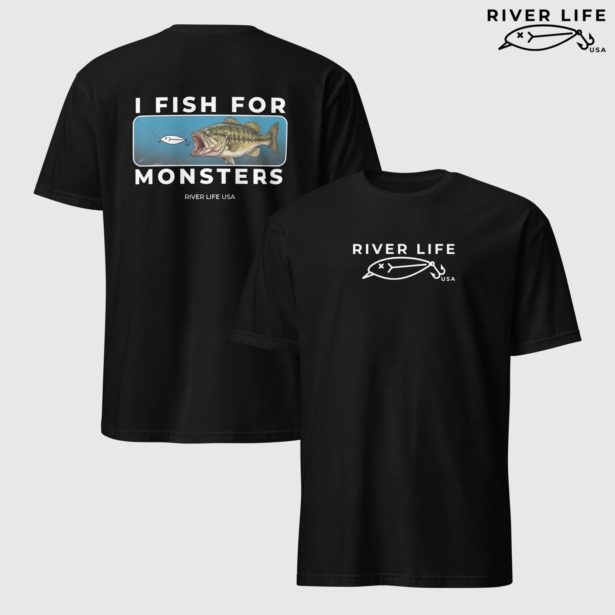 I Fish For Monsters - Largemouth Bass (white print) | Short-Sleeve Unisex T-Shirt-Black-River Life USA