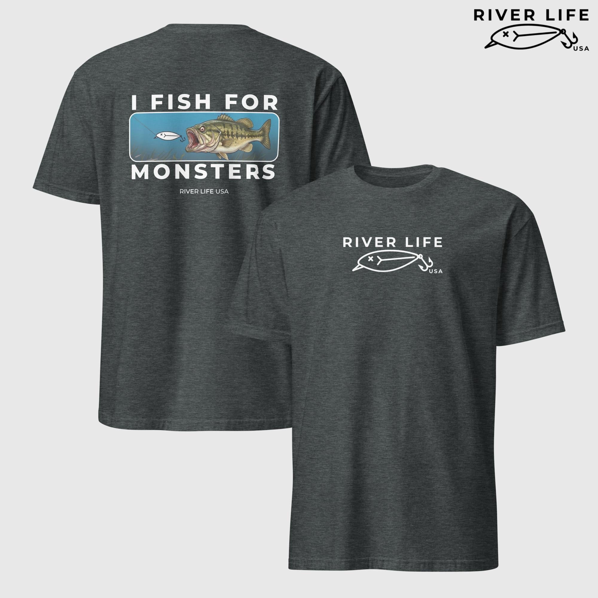 I Fish For Monsters - Largemouth Bass (white print) | Short-Sleeve Unisex T-Shirt-Dark Heather-River Life USA