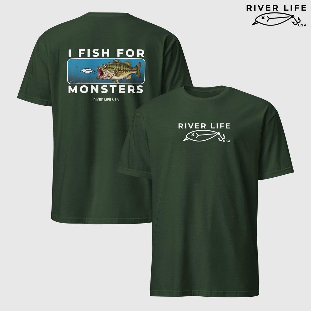 I Fish For Monsters - Largemouth Bass (white print) | Short-Sleeve Unisex T-Shirt-Forest Green-River Life USA