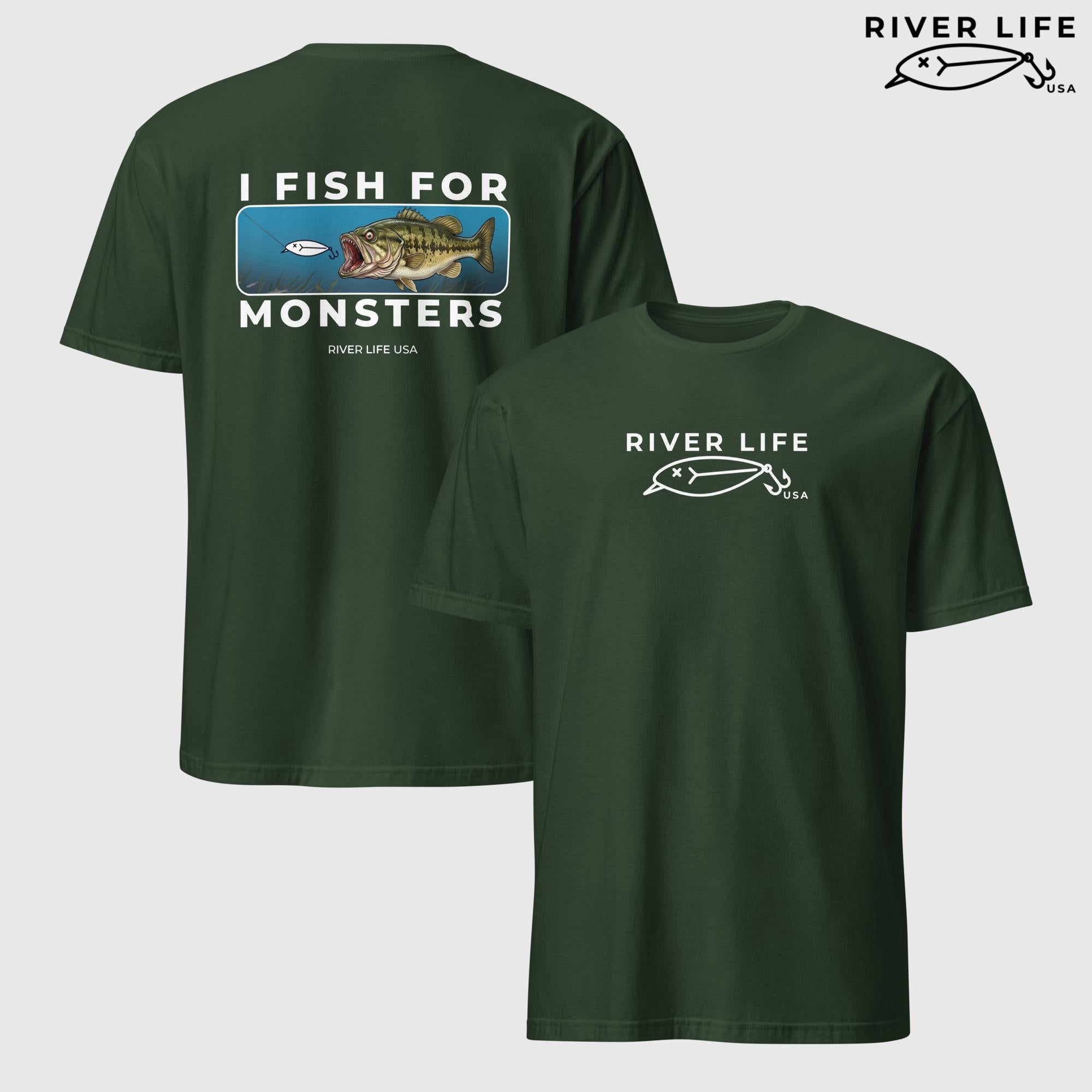 I Fish For Monsters - Largemouth Bass (white print) | Short-Sleeve Unisex T-Shirt-Forest Green-River Life USA