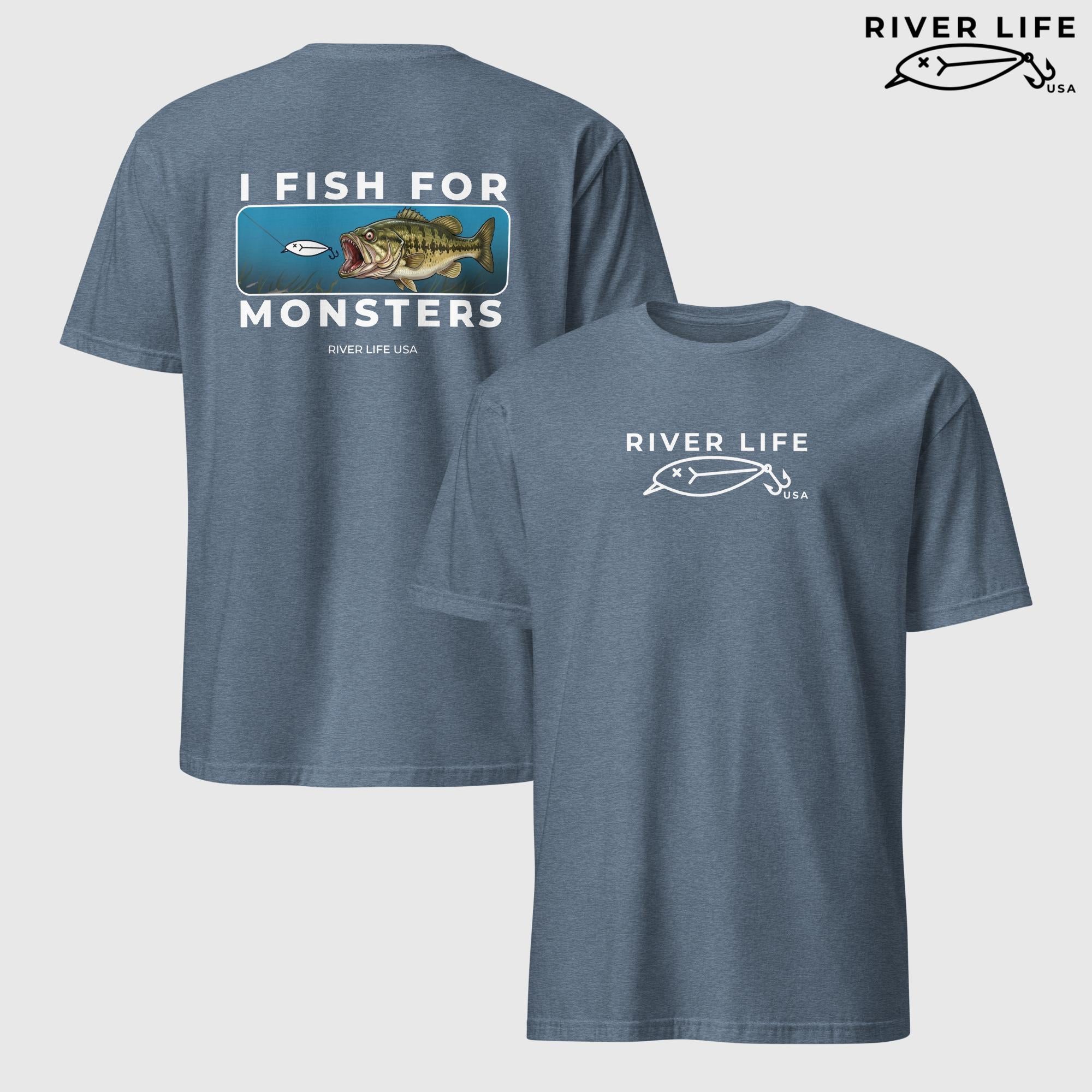 I Fish For Monsters - Largemouth Bass (white print) | Short-Sleeve Unisex T-Shirt-Heather Indigo-River Life USA