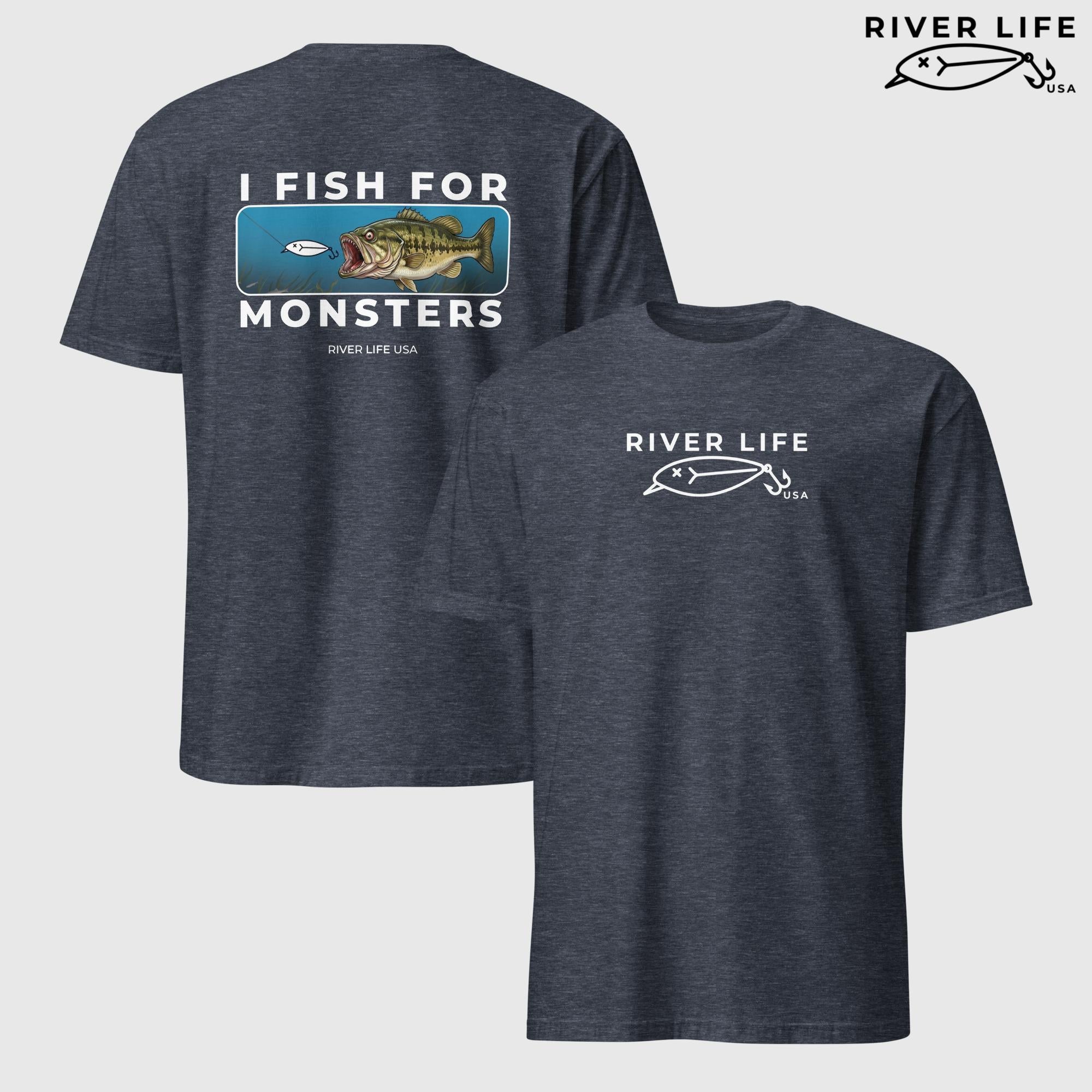 I Fish For Monsters - Largemouth Bass (white print) | Short-Sleeve Unisex T-Shirt-Heather Navy-River Life USA