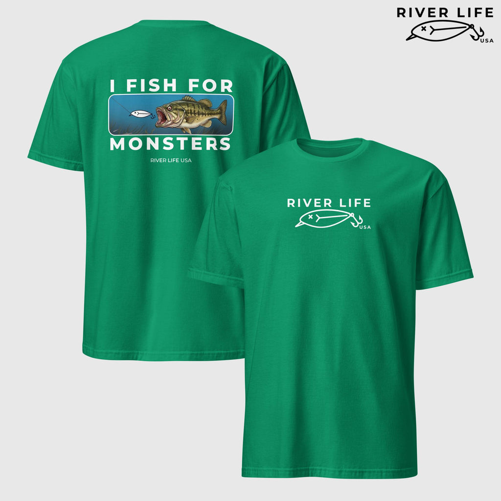 I Fish For Monsters - Largemouth Bass (white print) | Short-Sleeve Unisex T-Shirt-Kelly Green-River Life USA