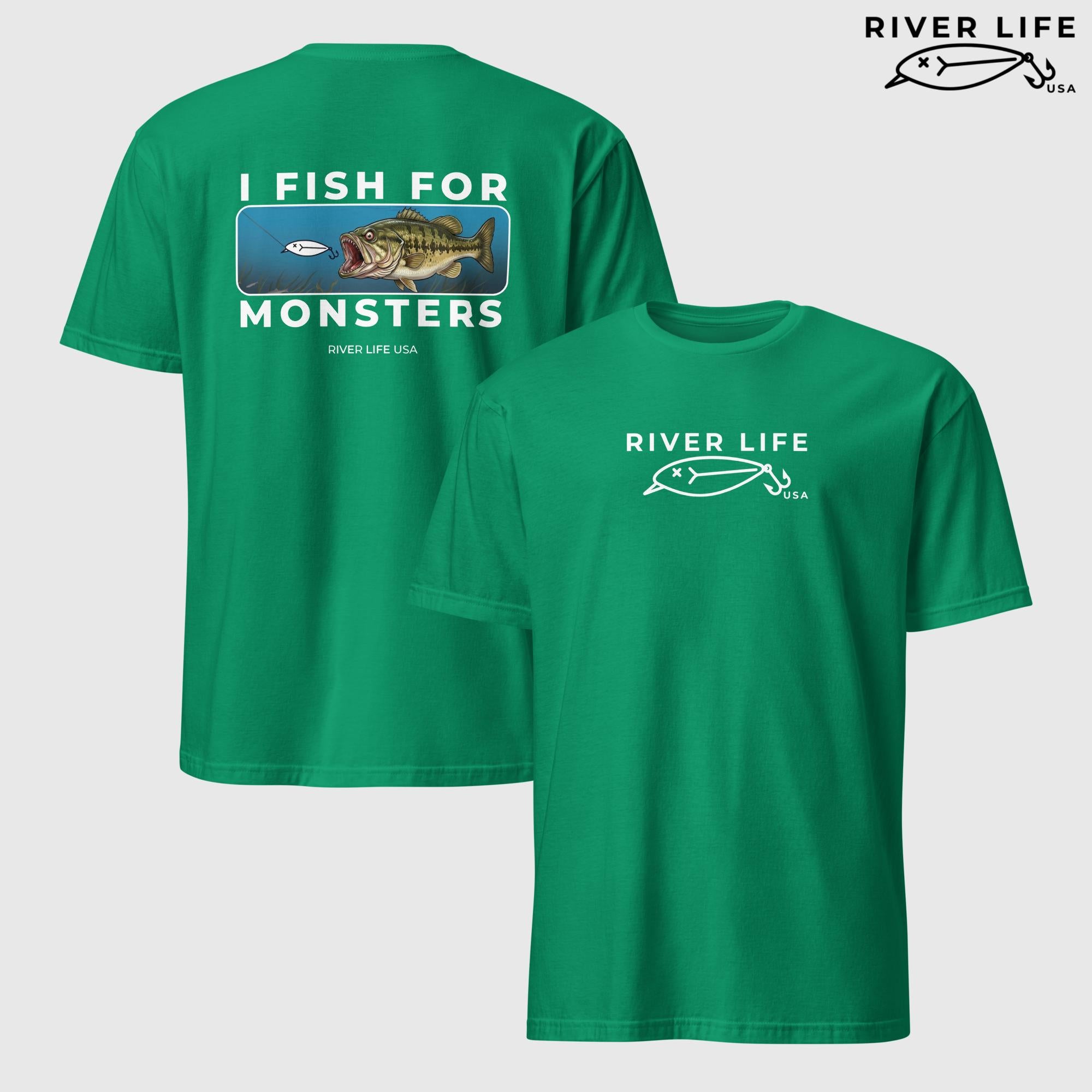I Fish For Monsters - Largemouth Bass (white print) | Short-Sleeve Unisex T-Shirt-Kelly Green-River Life USA