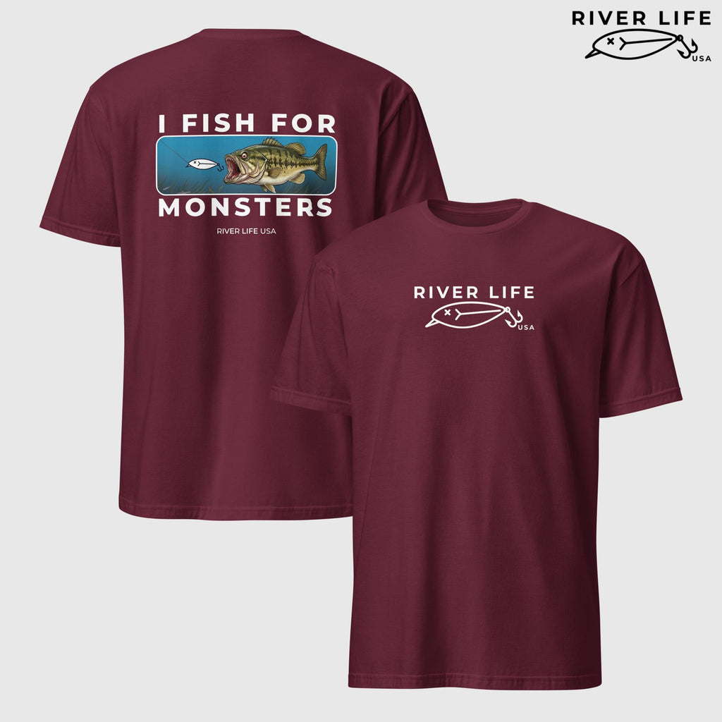 I Fish For Monsters - Largemouth Bass (white print) | Short-Sleeve Unisex T-Shirt-Maroon-River Life USA