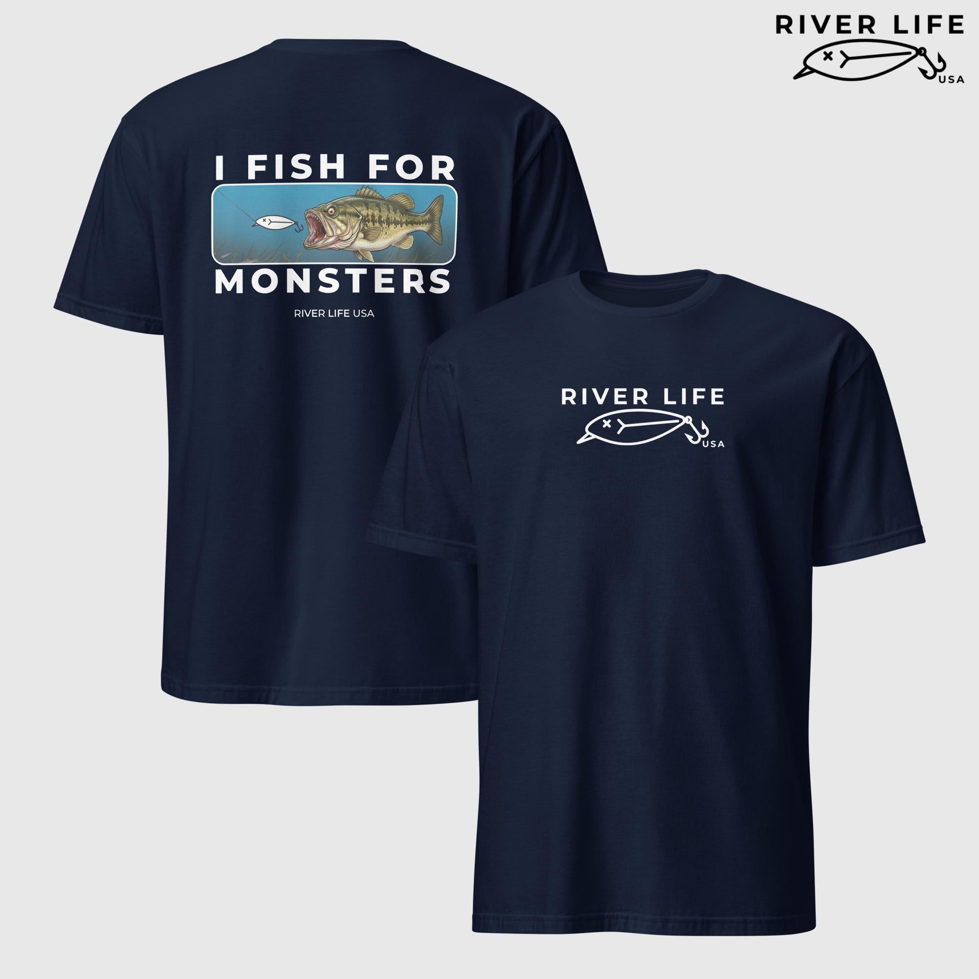 I Fish For Monsters - Largemouth Bass (white print) | Short-Sleeve Unisex T-Shirt-Navy-River Life USA