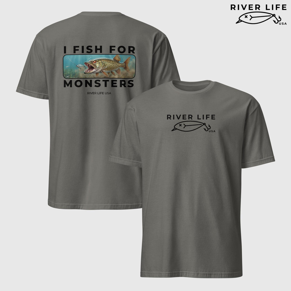 I Fish For Monsters - Pike/Musky (black print) | Short-Sleeve Unisex T-Shirt-Charcoal-River Life USA