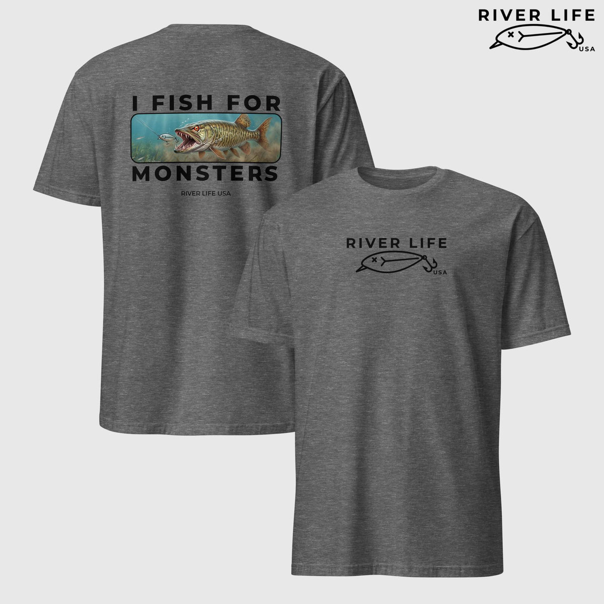 I Fish For Monsters - Pike/Musky (black print) | Short-Sleeve Unisex T-Shirt-Graphite Heather-River Life USA