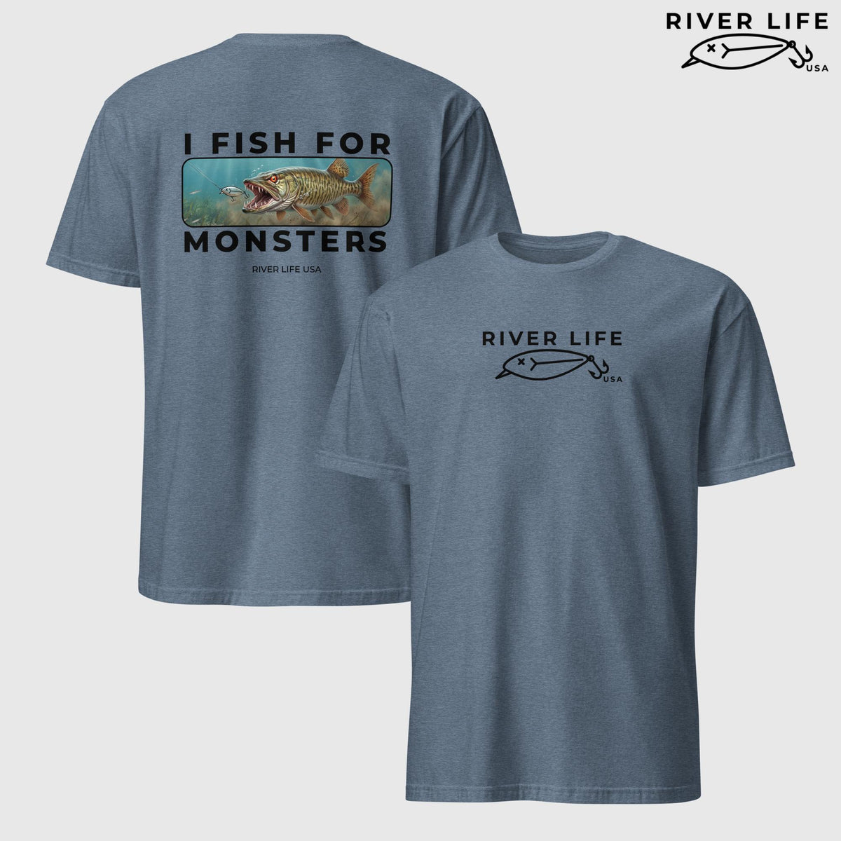 I Fish For Monsters - Pike/Musky (black print) | Short-Sleeve Unisex T-Shirt-Heather Indigo-River Life USA