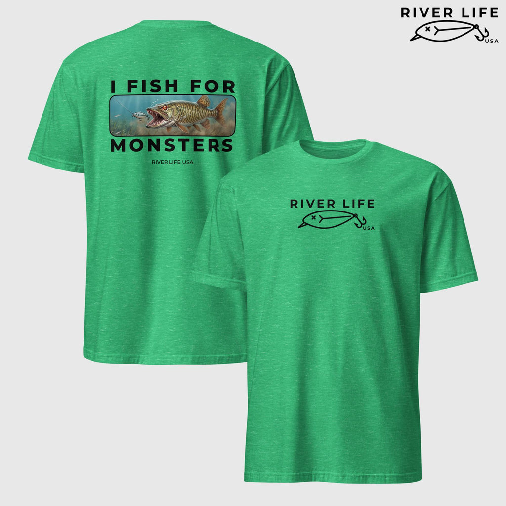 I Fish For Monsters - Pike/Musky (black print) | Short-Sleeve Unisex T-Shirt-Heather Irish Green-River Life USA