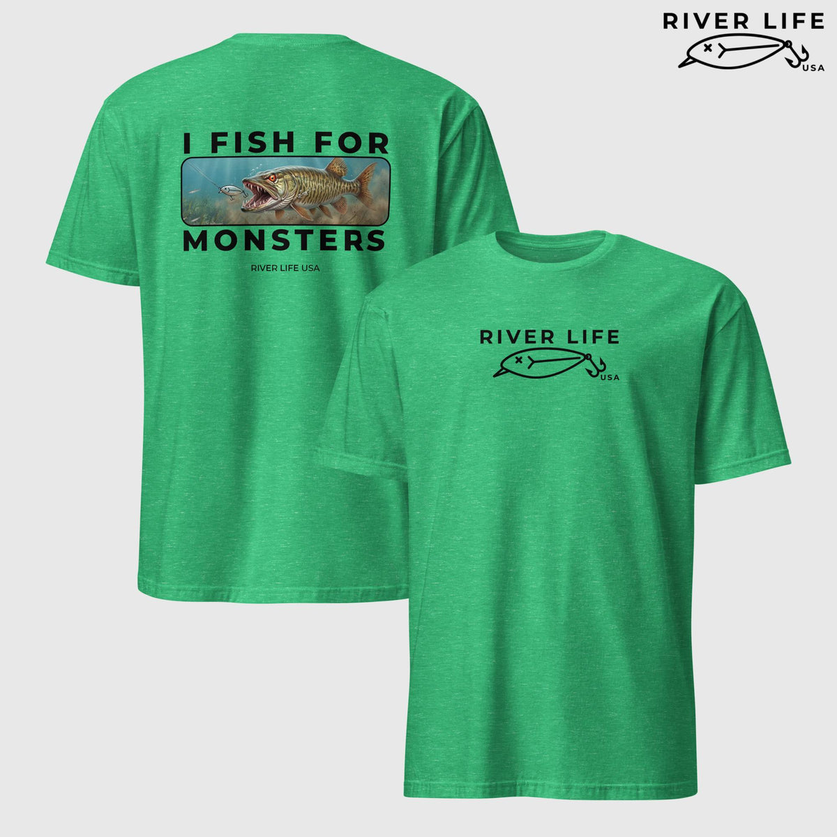 I Fish For Monsters - Pike/Musky (black print) | Short-Sleeve Unisex T-Shirt-Heather Irish Green-River Life USA