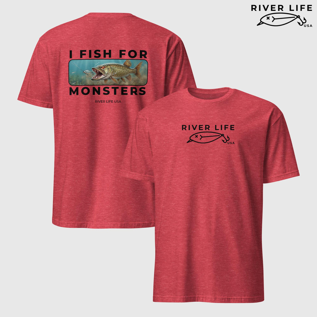 I Fish For Monsters - Pike/Musky (black print) | Short-Sleeve Unisex T-Shirt-Heather Red-River Life USA