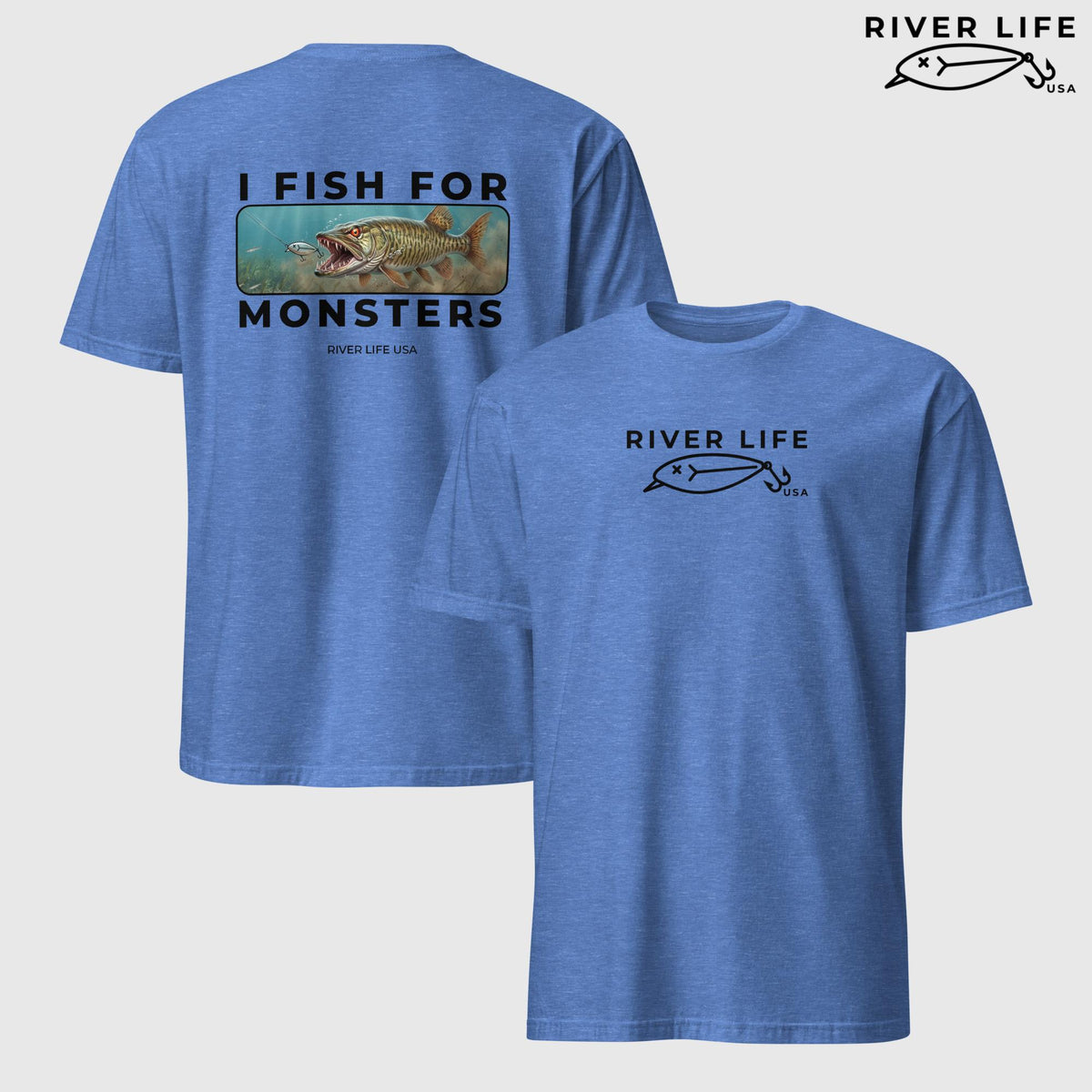 I Fish For Monsters - Pike/Musky (black print) | Short-Sleeve Unisex T-Shirt-Heather Royal-River Life USA