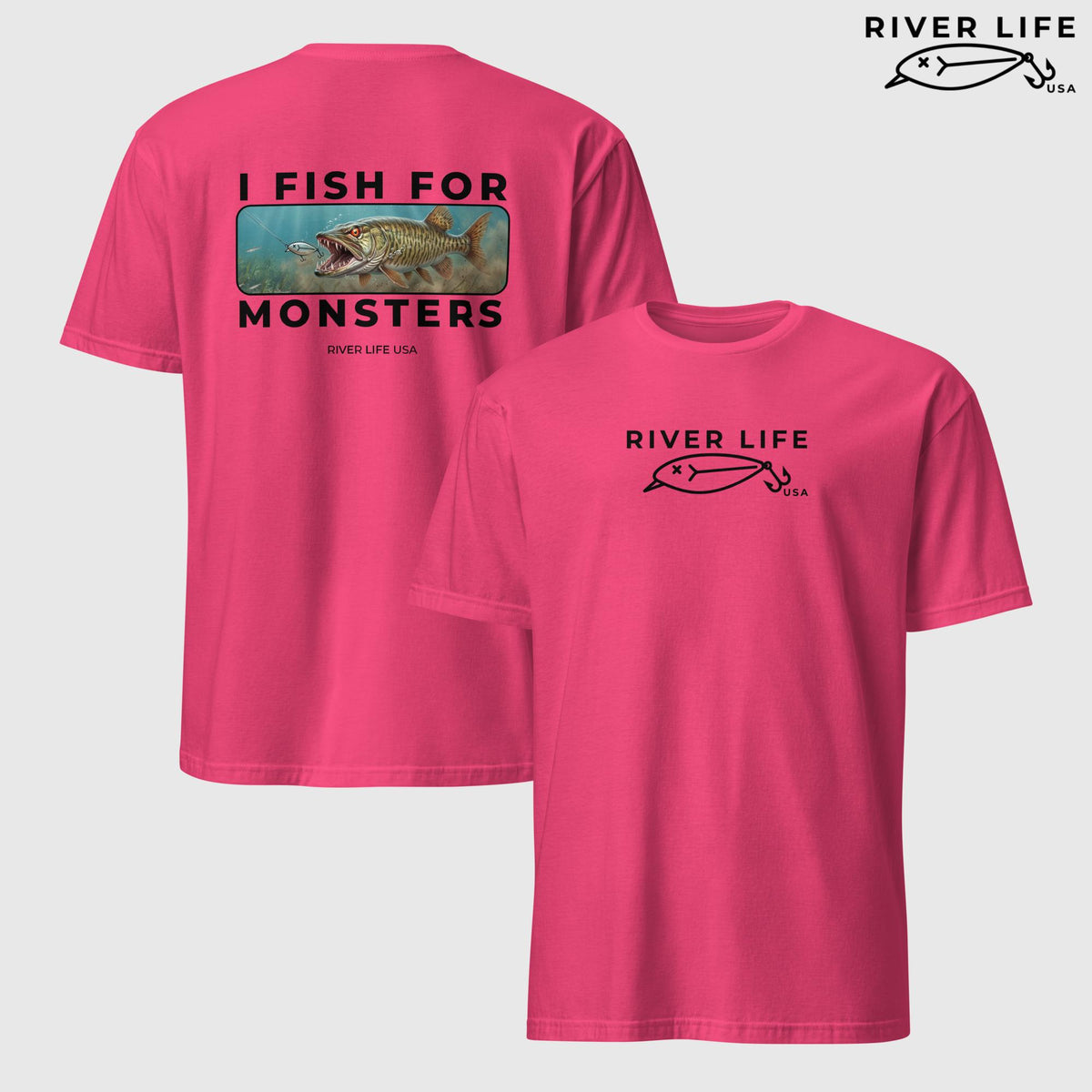 I Fish For Monsters - Pike/Musky (black print) | Short-Sleeve Unisex T-Shirt-Heliconia-River Life USA