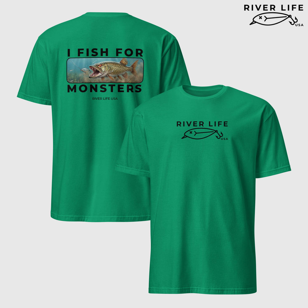 I Fish For Monsters - Pike/Musky (black print) | Short-Sleeve Unisex T-Shirt-Kelly Green-River Life USA