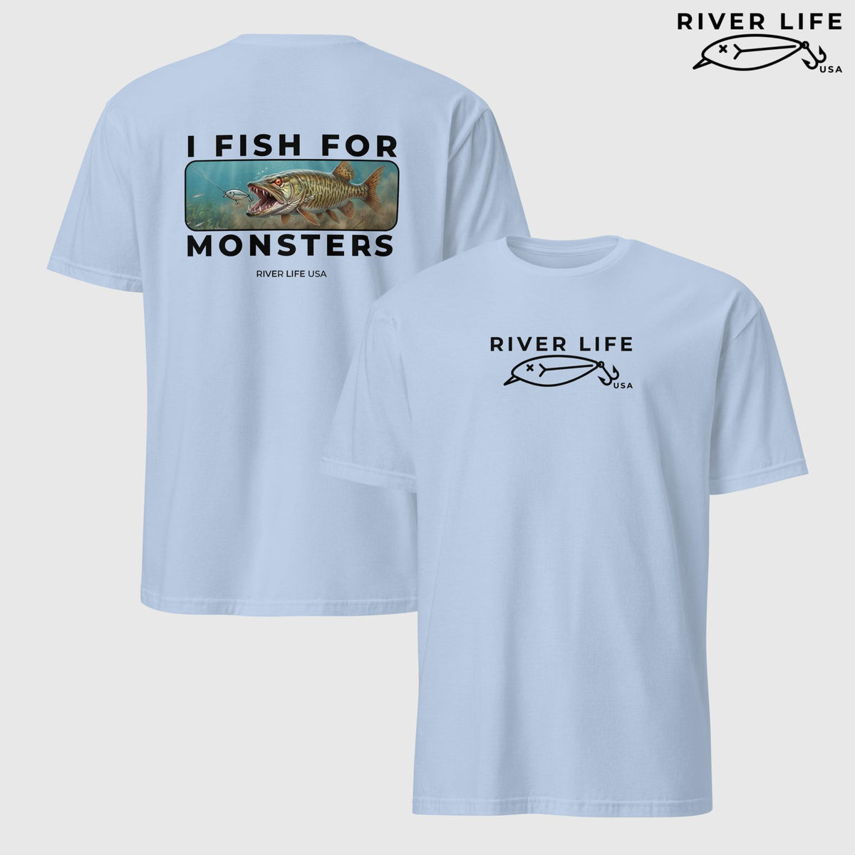 I Fish For Monsters - Pike/Musky (black print) | Short-Sleeve Unisex T-Shirt-Light Blue-River Life USA