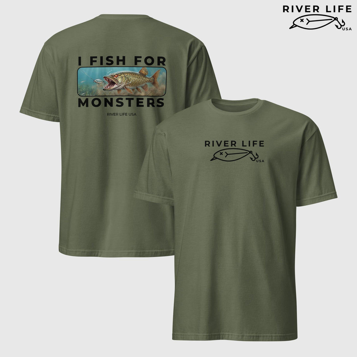I Fish For Monsters - Pike/Musky (black print) | Short-Sleeve Unisex T-Shirt-Military Green-River Life USA