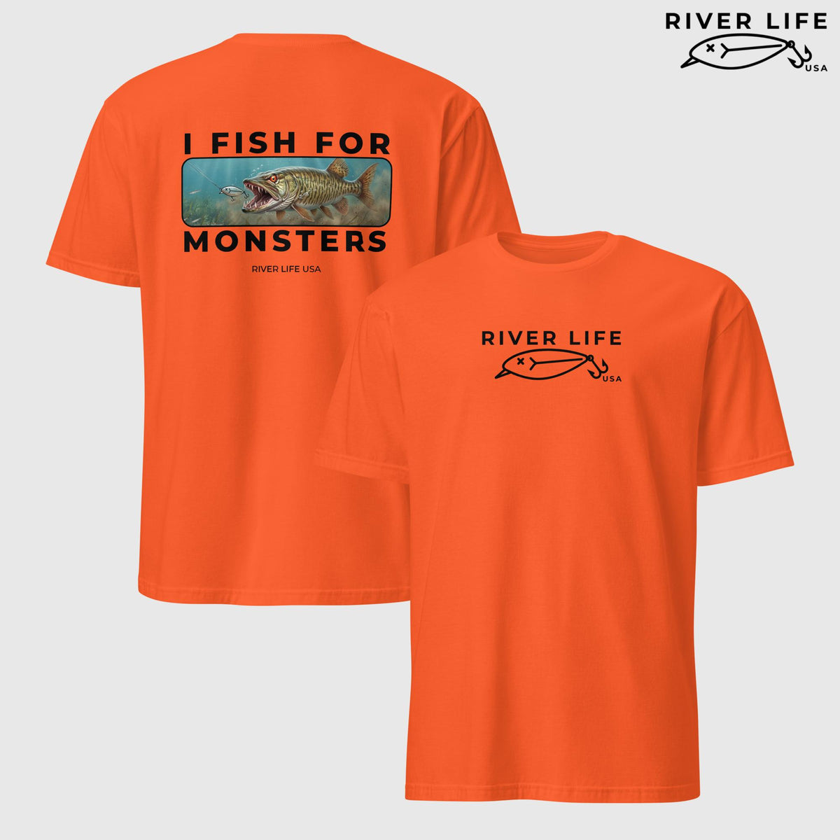 I Fish For Monsters - Pike/Musky (black print) | Short-Sleeve Unisex T-Shirt-Orange-River Life USA