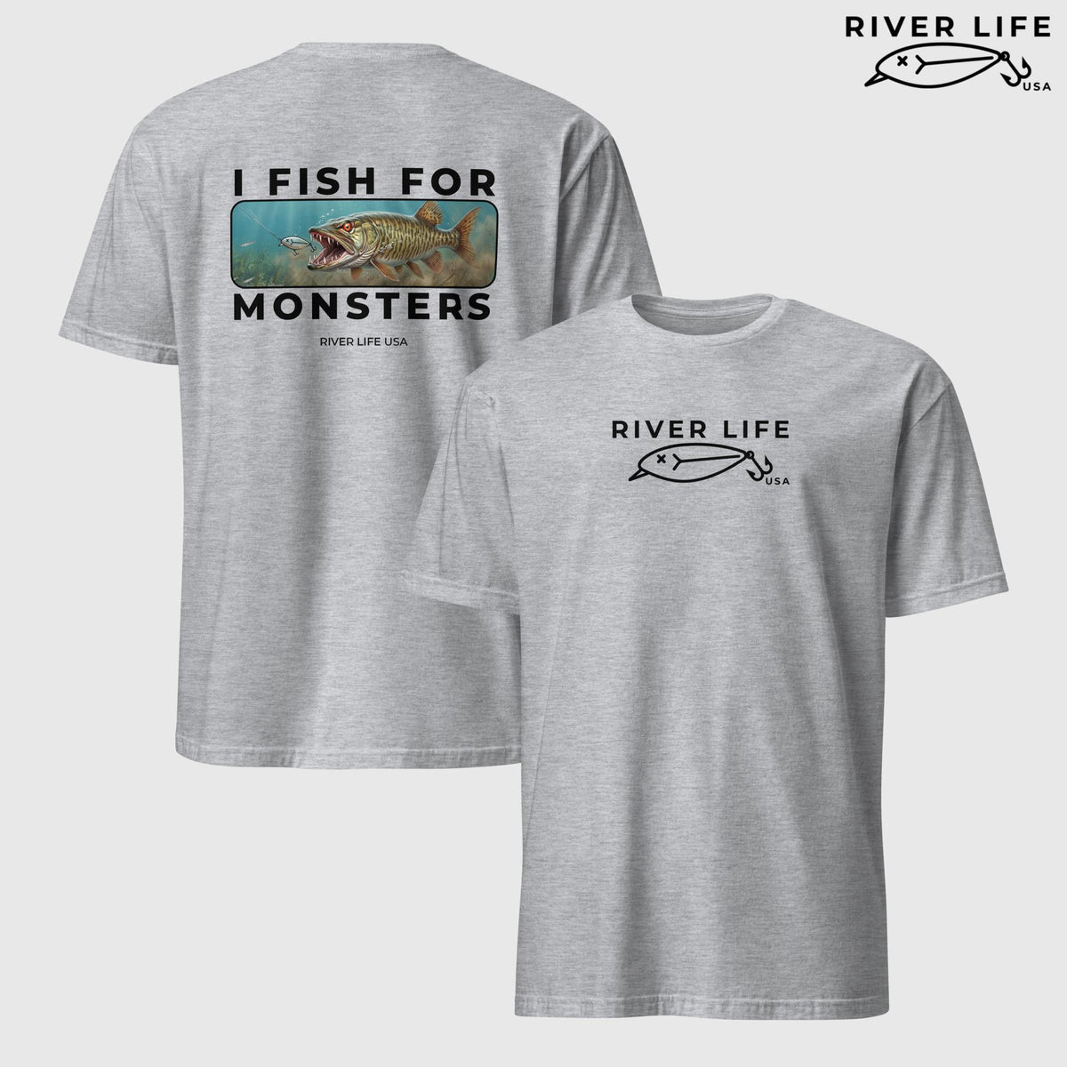 I Fish For Monsters - Pike/Musky (black print) | Short-Sleeve Unisex T-Shirt-Sport Grey-River Life USA