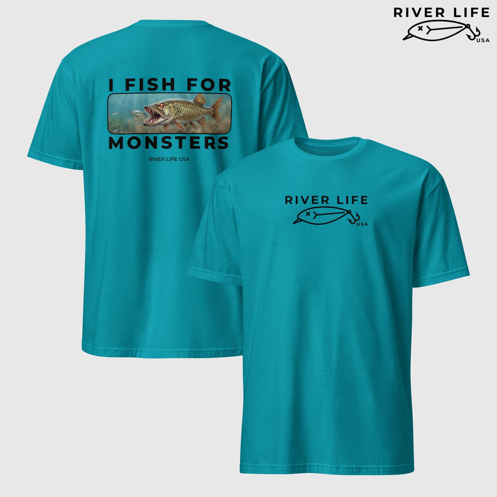 I Fish For Monsters - Pike/Musky (black print) | Short-Sleeve Unisex T-Shirt-Tropical Blue-River Life USA