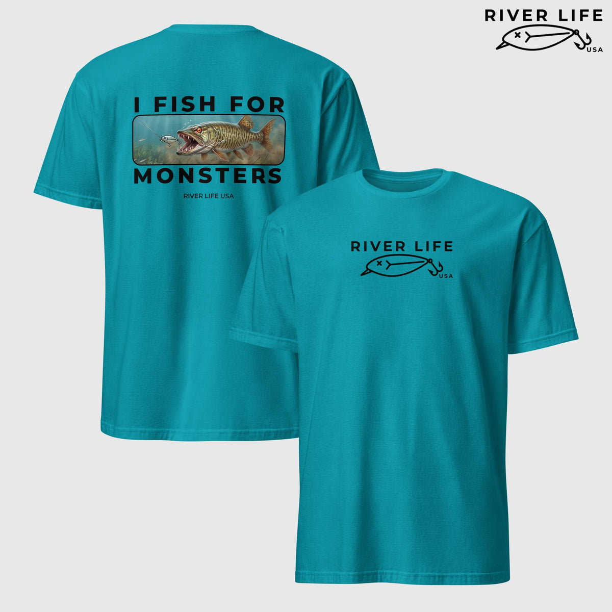 I Fish For Monsters - Pike/Musky (black print) | Short-Sleeve Unisex T-Shirt-Tropical Blue-River Life USA